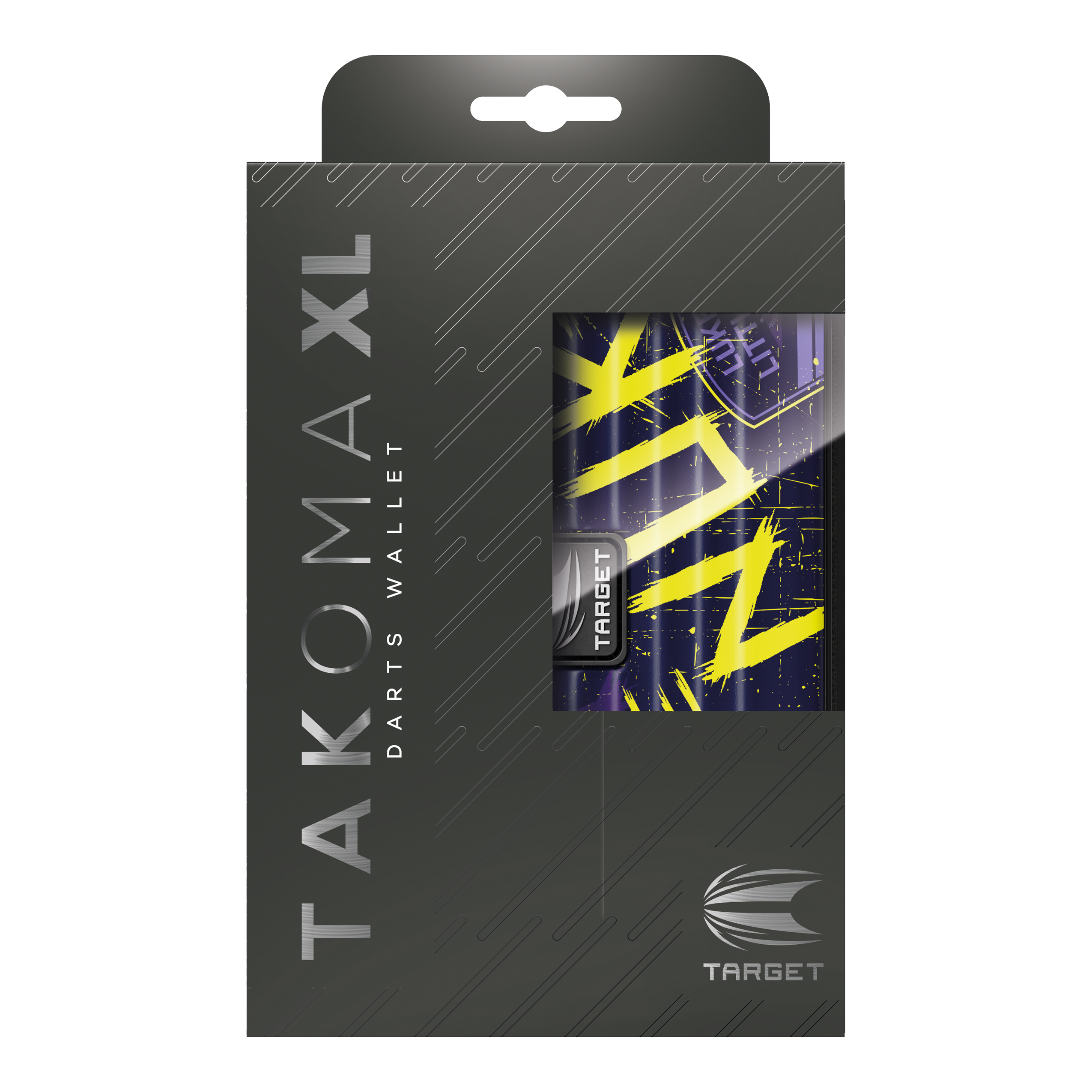 Étui à fléchettes Target Takoma Luke Littler XL Das Bild zeigt die Verpackung des Target Takoma XL Dartcases, das speziell für Luke Littler designt wurde. Die Verpackung ist überwiegend schwarz mit gelben und violetten Akzenten auf dem Dartcase selbst.