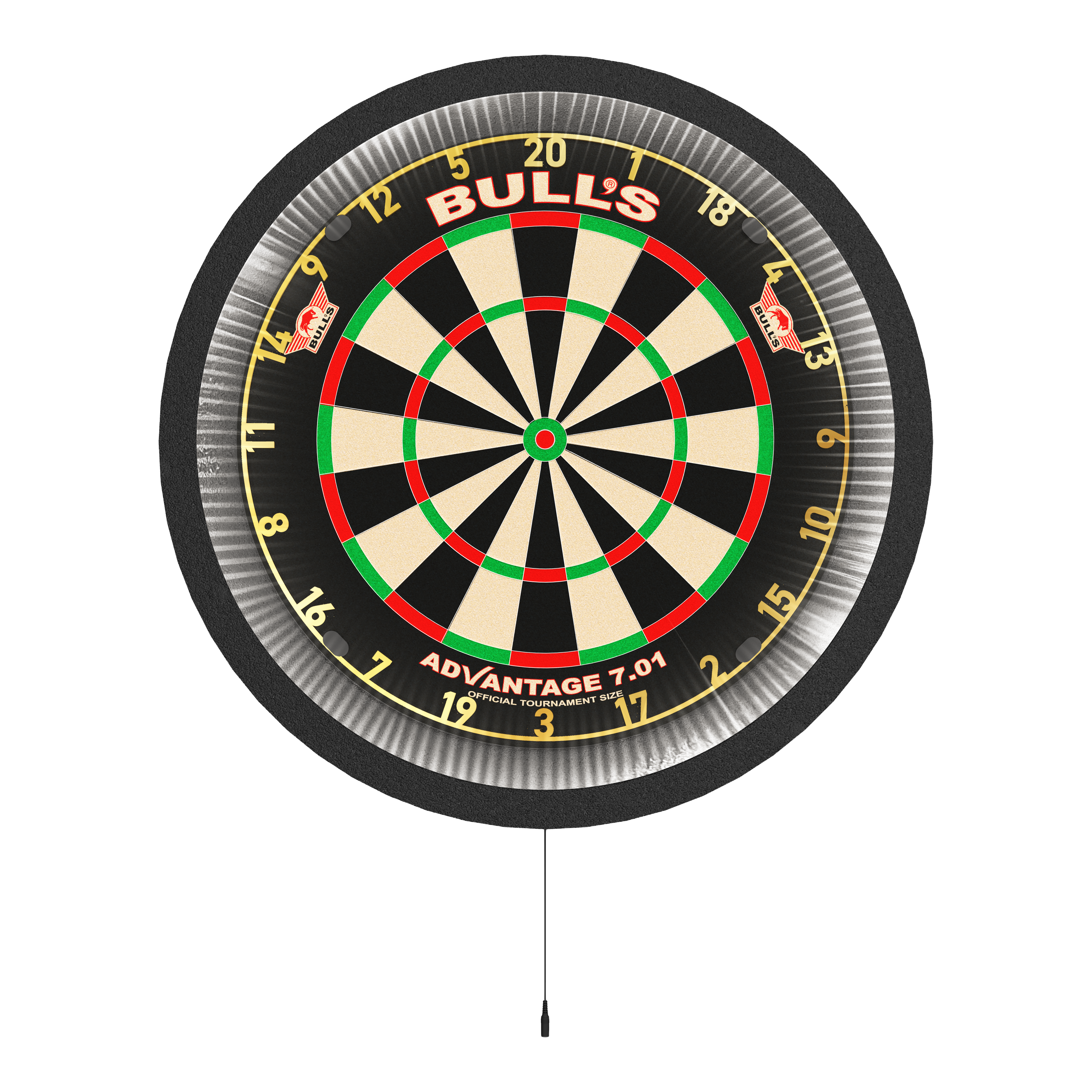 Système d'éclairage d'ambiance Bulls NL Lumo 2 Das Bild zeigt das Produkt "Bulls NL Lumo 2 Light Surround Beleuchtungssystem" an einem Dartboard. Der runde LED-Lichtring um den Dartboard sorgt für eine gleichmäßige Ausleuchtung beim Spielen.