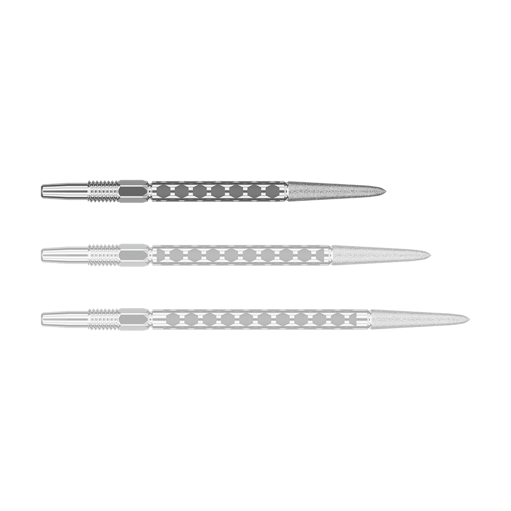 Pointes de fléchettes Target Swiss FLT Point - Argent Eine kurze silberfarbene Dartspitze ist einzeln im Bild. Sie liegt waagerecht.