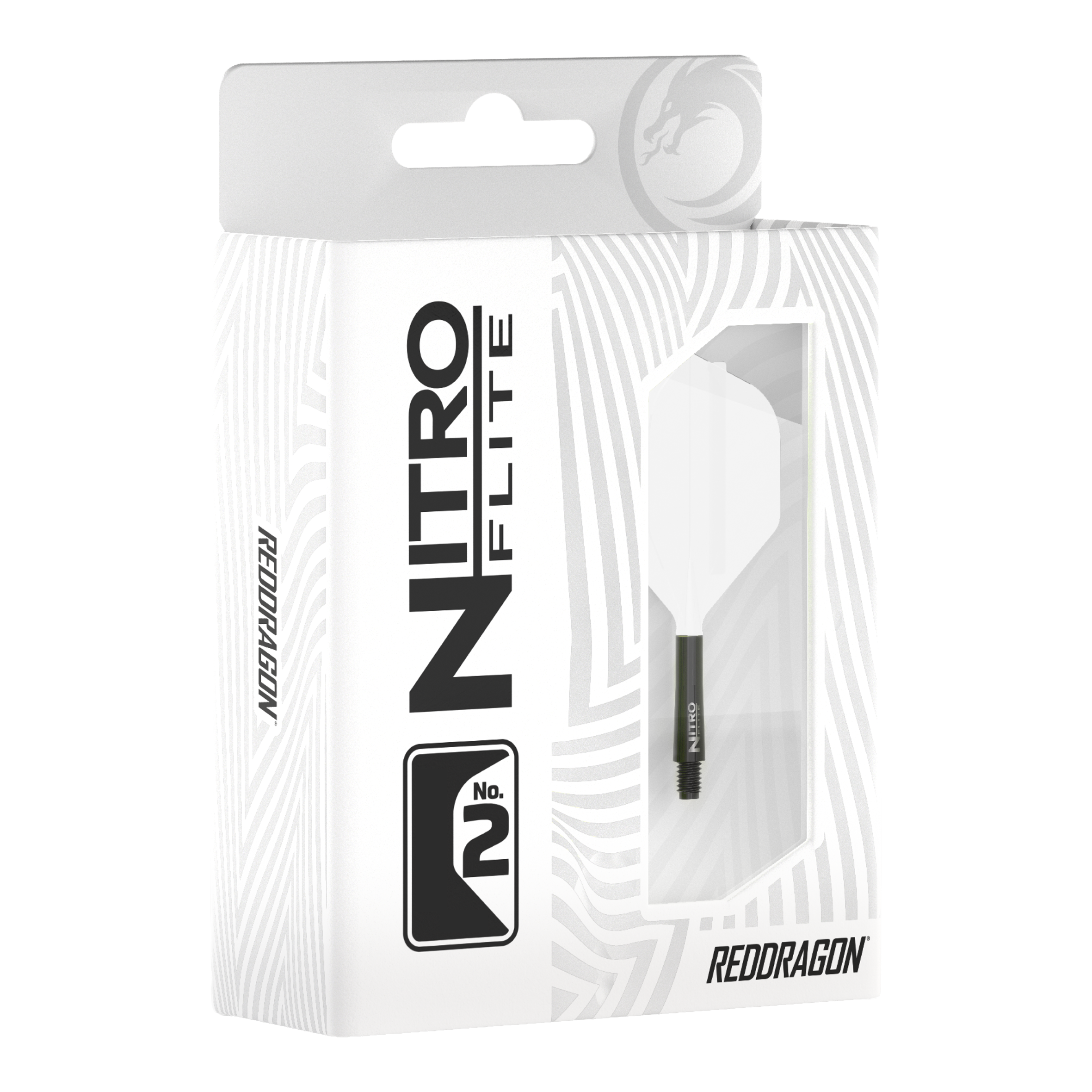 Ailettes Red Dragon Nitroflite à tige noire et ailettes blanches n° 2 Abgebildet ist Red Dragon Nitroflite Black Shaft White Flights No2. Zu sehen sind schwarze Dart-Schäfte mit weißen Flights.