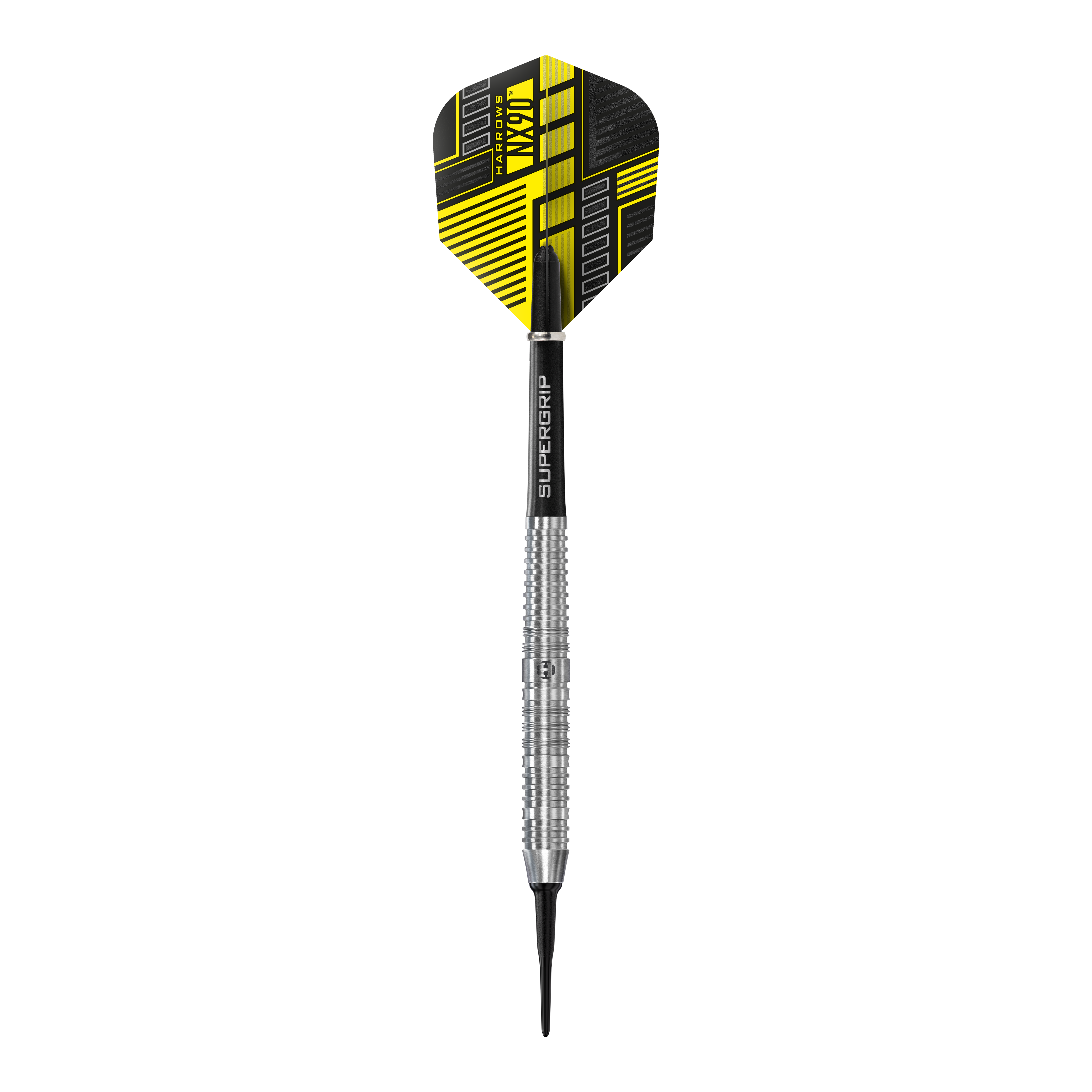 Fléchettes souples parallèles Harrows NX90 Das Bild zeigt einen Harrows NX90 Parallel Softdart mit silbernem Schaft und schwarzem Flight. Der Flight hat ein modernes gelb-schwarzes Design.