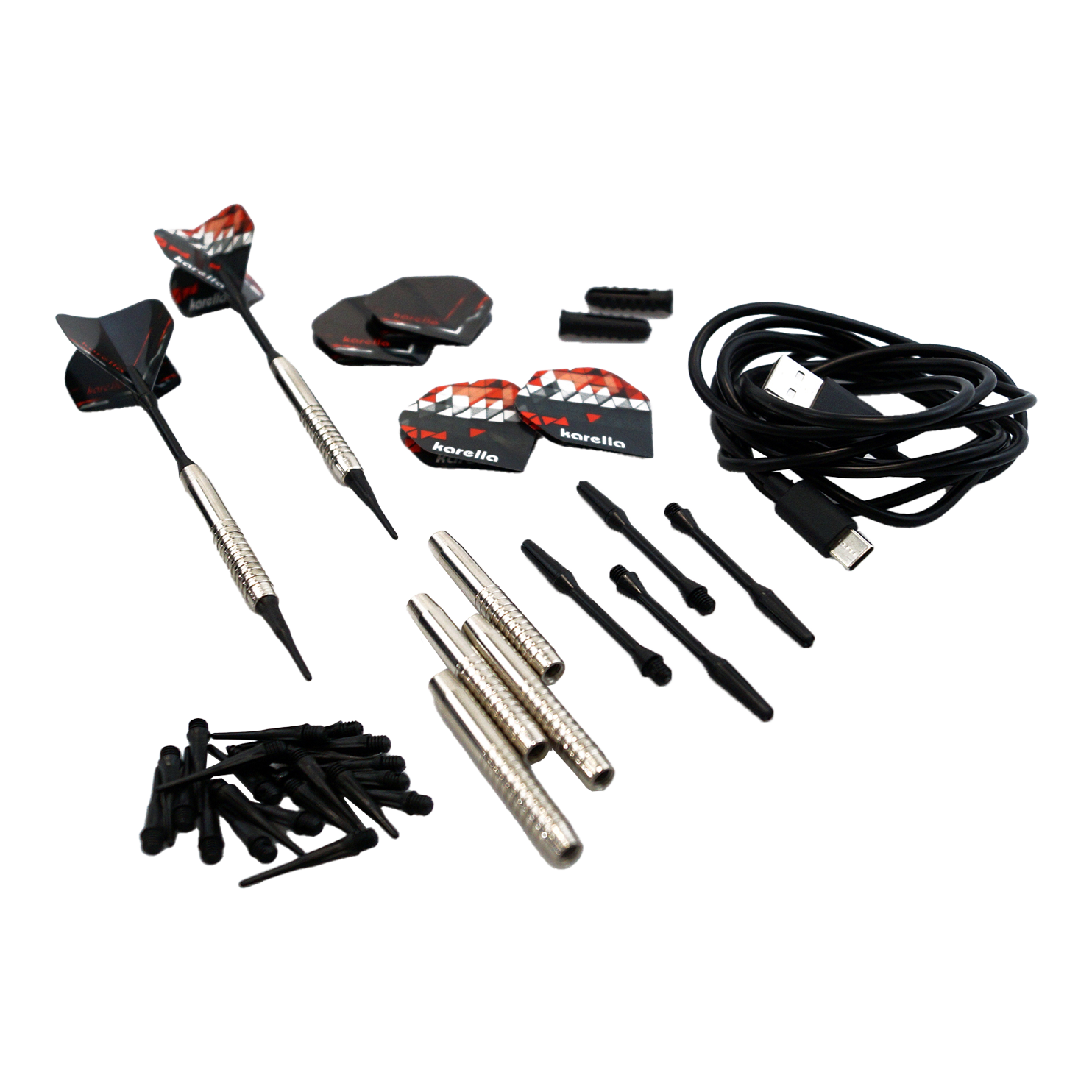 Cible de fléchettes électronique souple Karella CB-Smart Das Bild zeigt das Zubehörset der Karella CB-Smart Elektronischen Soft-Dartscheibe, darunter mehrere Dartpfeile, Ersatzspitzen, Flights und ein USB-Kabel. Die Einzelteile sind ordentlich auf einem hellen Hintergrund angeordnet.