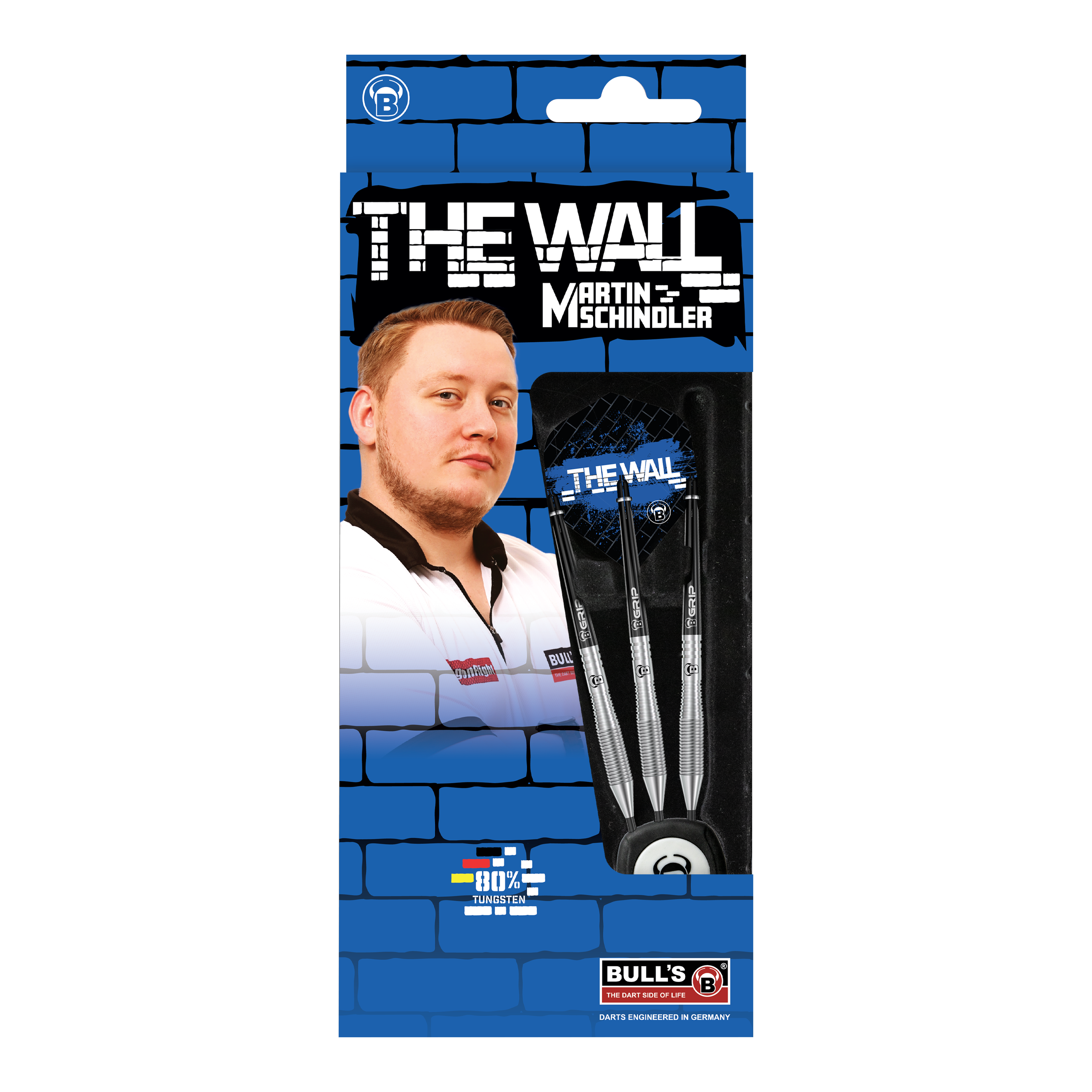 Fléchettes en acier Bulls Martin Schindler TW80 Die Verpackung zeigt die "Bulls Martin Schindler TW80 Steeldarts" mit einem Bild von Martin Schindler. Im Inneren sind drei silberne Steeldarts zu sehen.