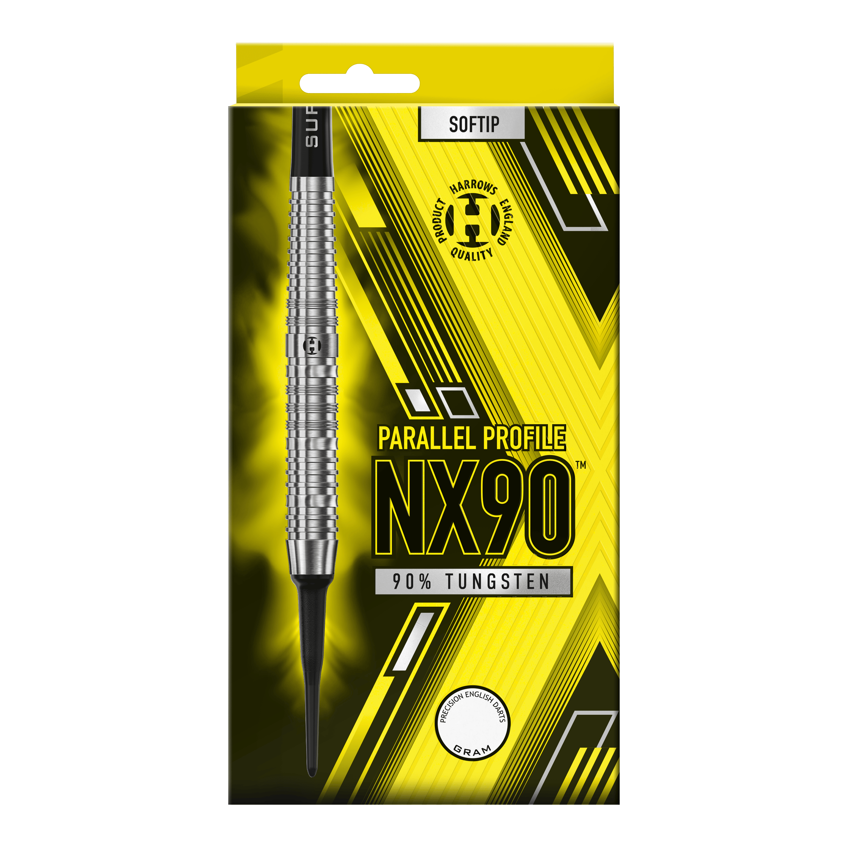 Fléchettes souples parallèles Harrows NX90 Die Abbildung zeigt die Verpackung der Harrows NX90 Parallel Softdarts. Auf der gelb-schwarzen Packung steht, dass die Darts aus 90 % Tungsten bestehen.