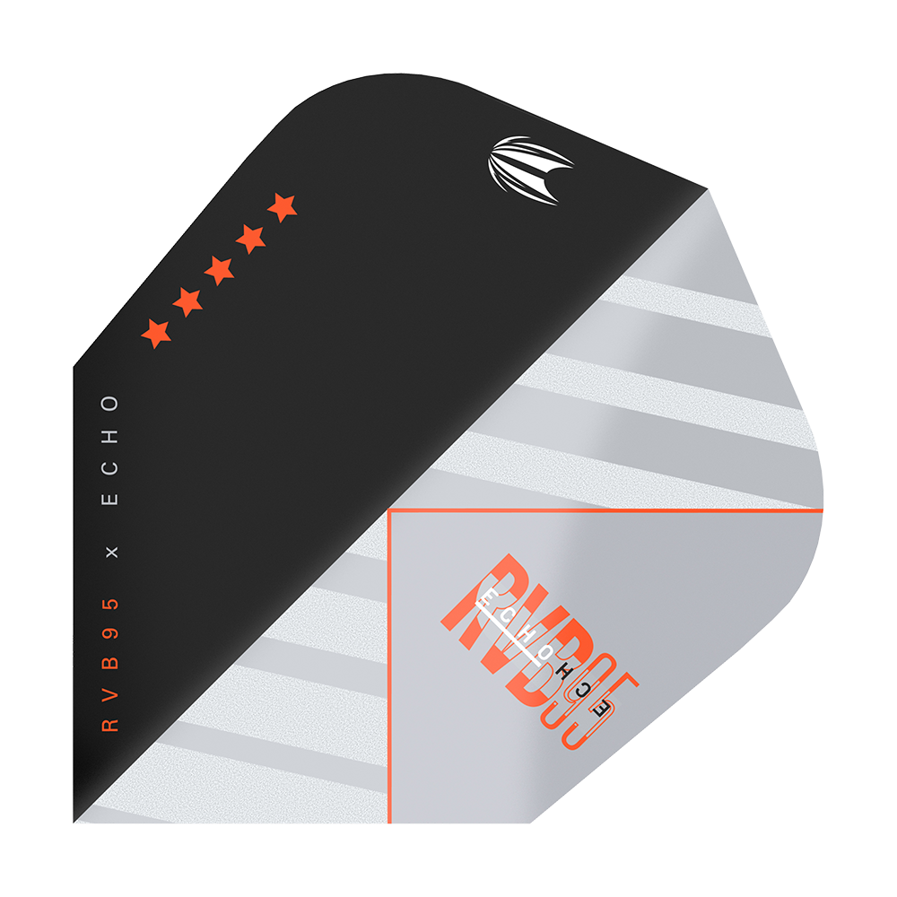 Das Bild zeigt das Produkt „Target Pro Ultra RvB95 X Echo Ten-X Flights“. Das Flight-Design ist schwarz und silber mit orangefarbenen Akzenten und fünf Sternen.