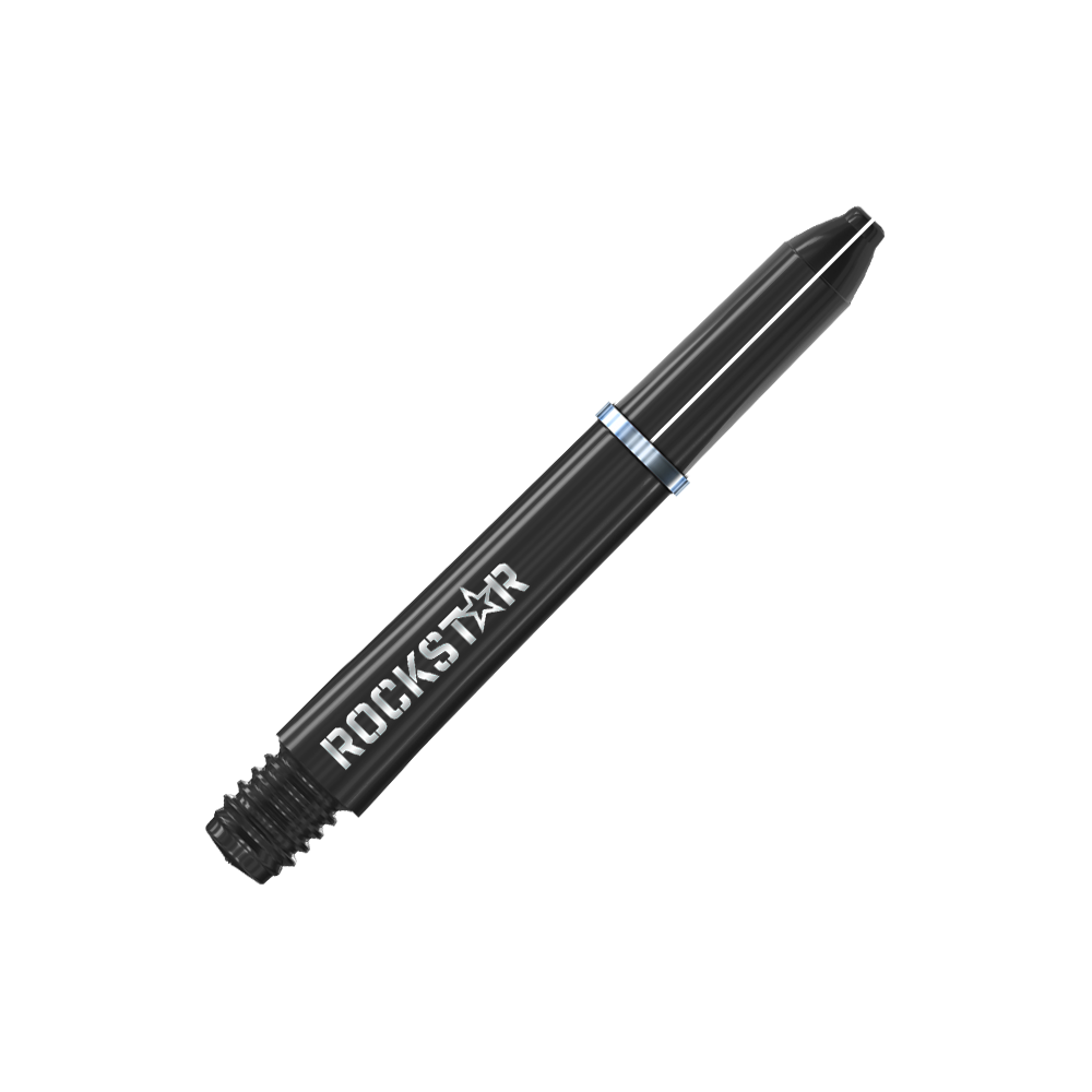Manche en nylon Winmau Joe Cullen Rockstar Noir Auf dem Bild ist ein schwarzer Dart-Schaft mit der Aufschrift "ROCKSTAR" zu sehen. Der Schaft hat einen silbernen Ring in der Mitte.