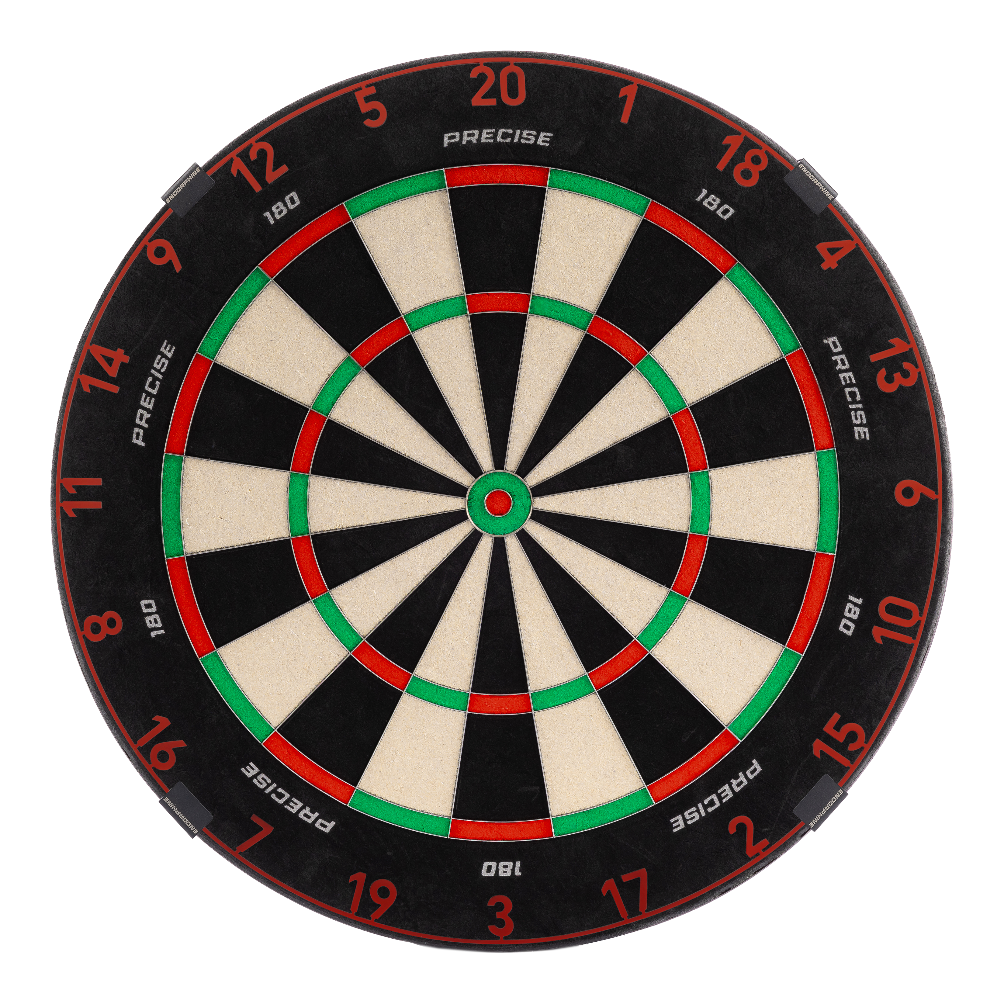 Cible de fléchettes Precise 180 Endorphine Steel avec anneau numéroté - Rouge délavé Das Bild zeigt das Precise 180 Endorphine Steeldartboard mit Nummernring in Faded Red. Es handelt sich um eine hochwertige Dartscheibe mit rotem Farbverlauf.