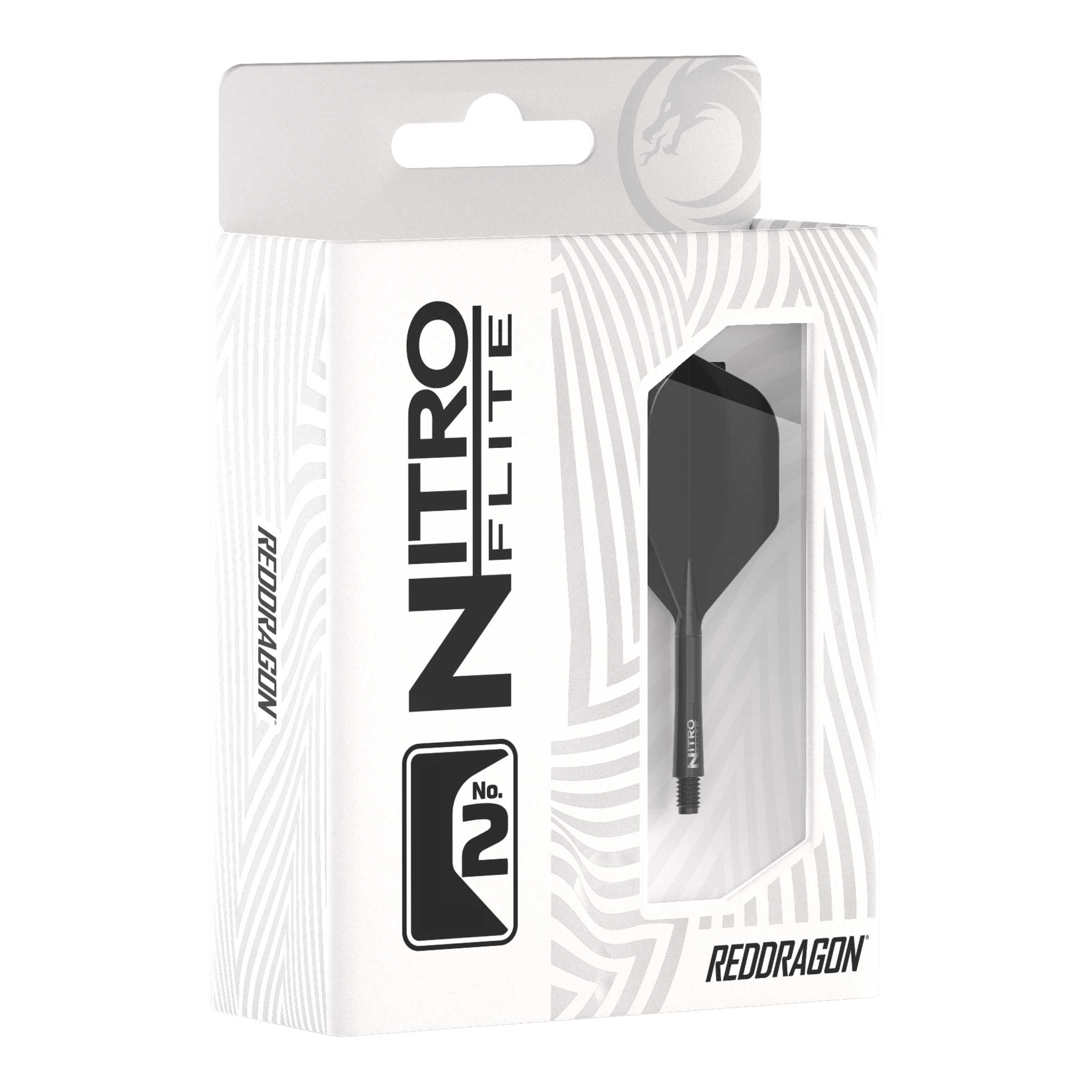 Ailettes Red Dragon Nitroflite - Tige noire, ailettes noires n°2 Die Verpackung zeigt das Produkt "Red Dragon Nitroflite - Black Shaft Black No2 Flights". Im Sichtfenster ist ein schwarzer Dart-Schaft mit schwarzem Flight zu sehen.