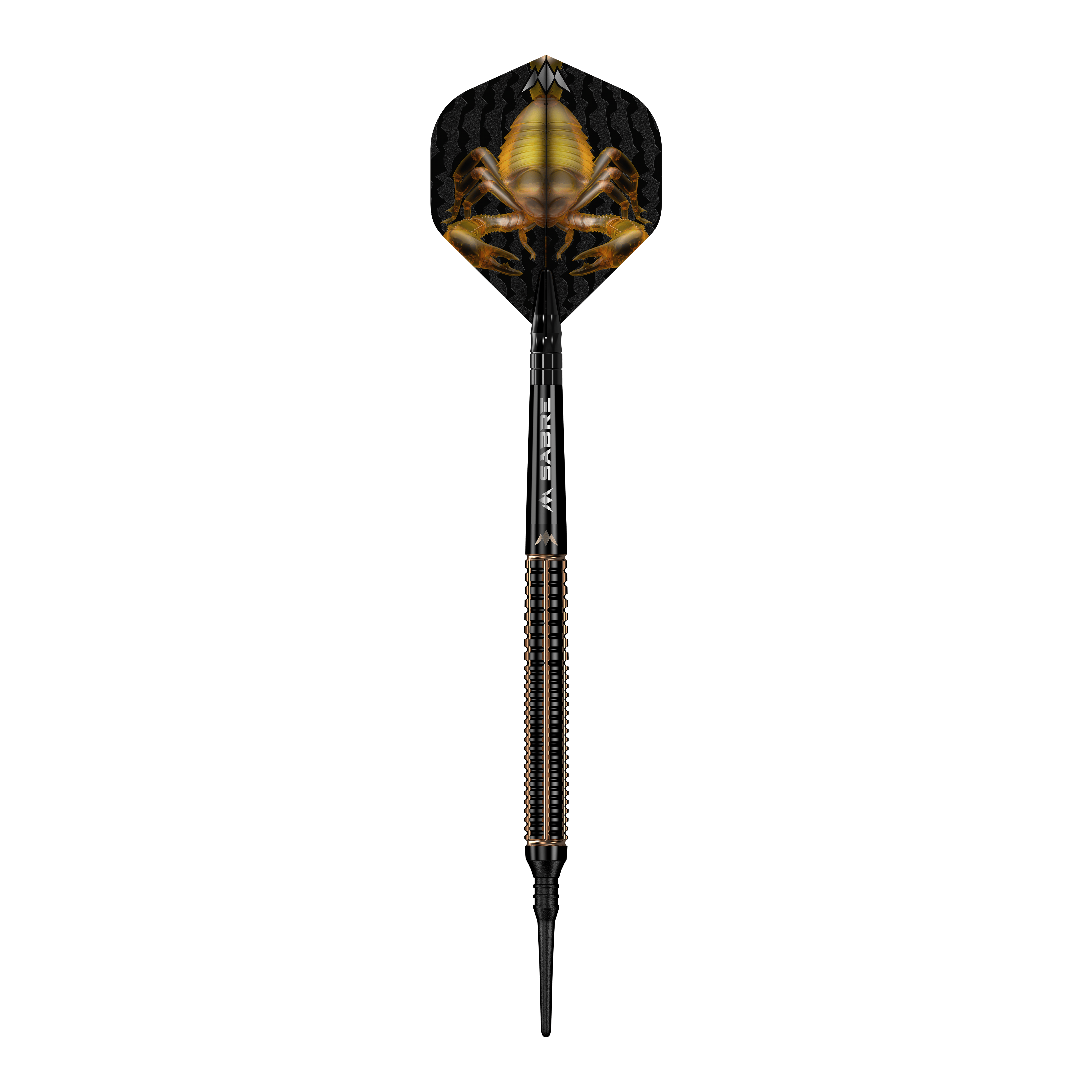Fléchettes souples Mission Scorpion - 19 g Das Bild zeigt einen Softdart namens "Mission Scorpion Softdarts - 19g". Auf dem Flight ist ein auffälliges Skorpion-Design in Gelb und Schwarz zu sehen.