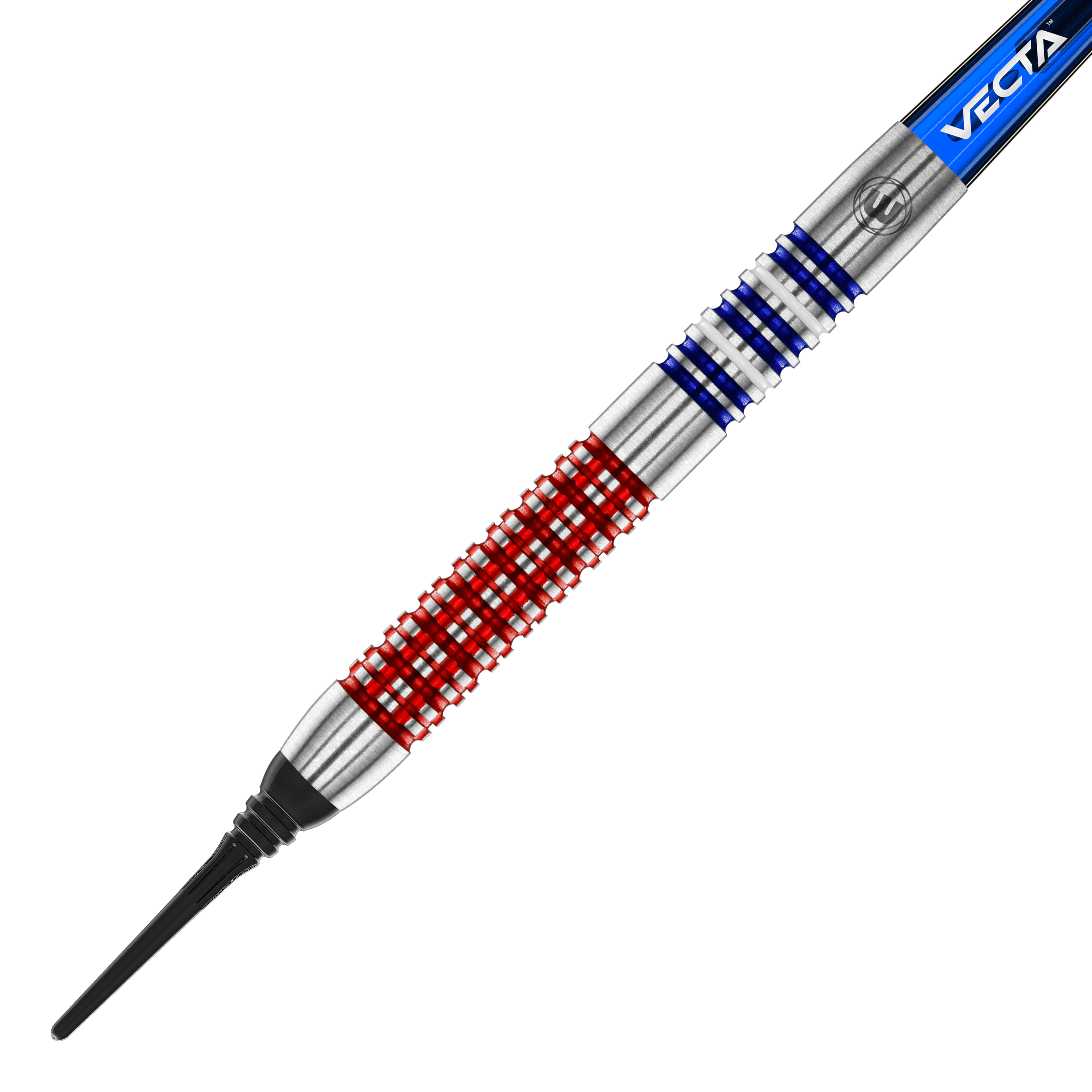 Fléchettes souples Winmau Garrett Rakowski - 20g Auf dem Bild ist ein Softdart des Modells "Winmau Garrett Rakowski Softdarts - 20g" zu sehen. Der Dart hat ein auffälliges Design mit roten und blauen Ringen auf dem silbernen Barrel.
