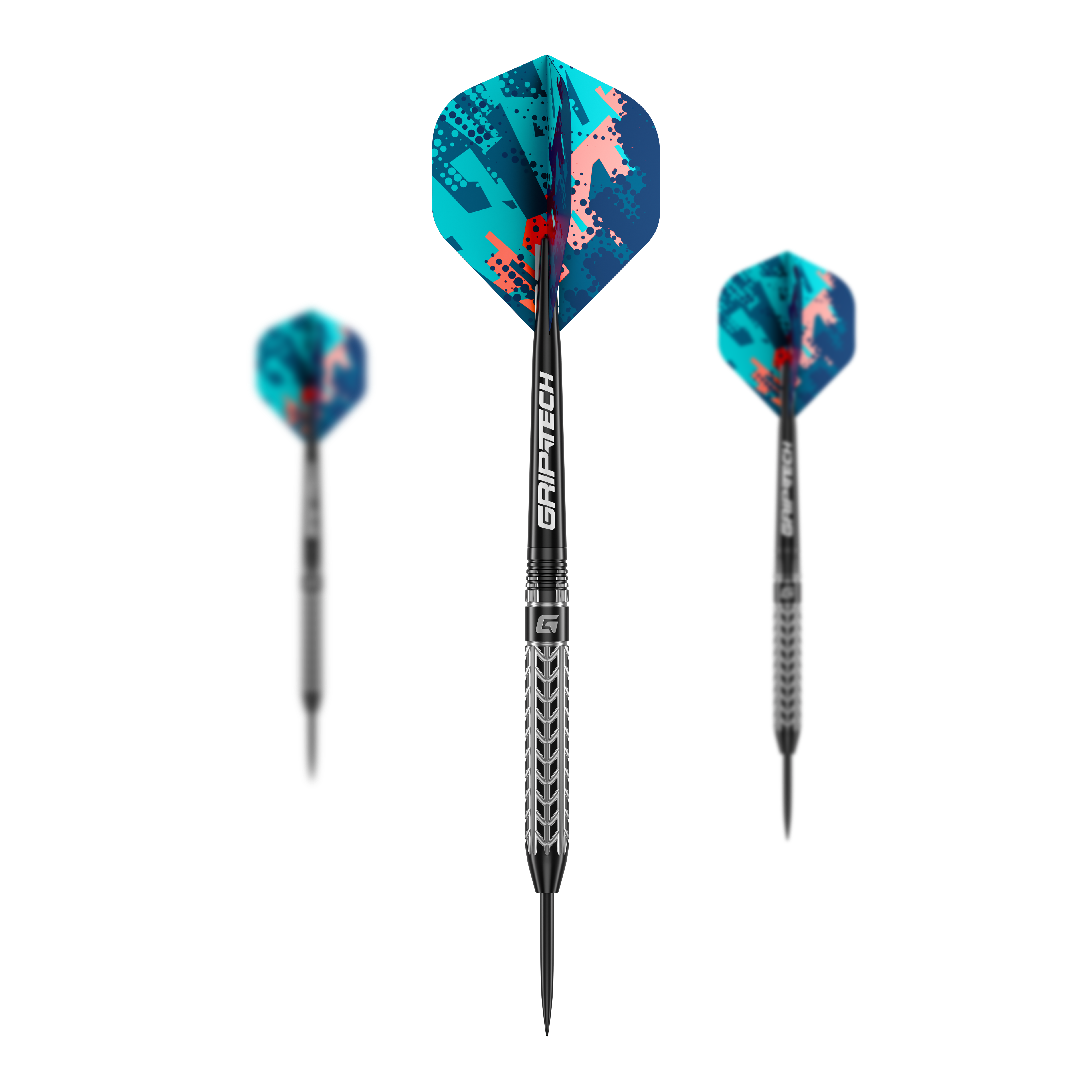 Fléchettes GOAT Traction en acier tungstène Das Bild zeigt drei GOAT Traction Tungsten Steeldarts mit bunten Flights in Blau- und Rottönen. Auf dem Mittelteil der Darts steht "GRIPTECH" geschrieben.