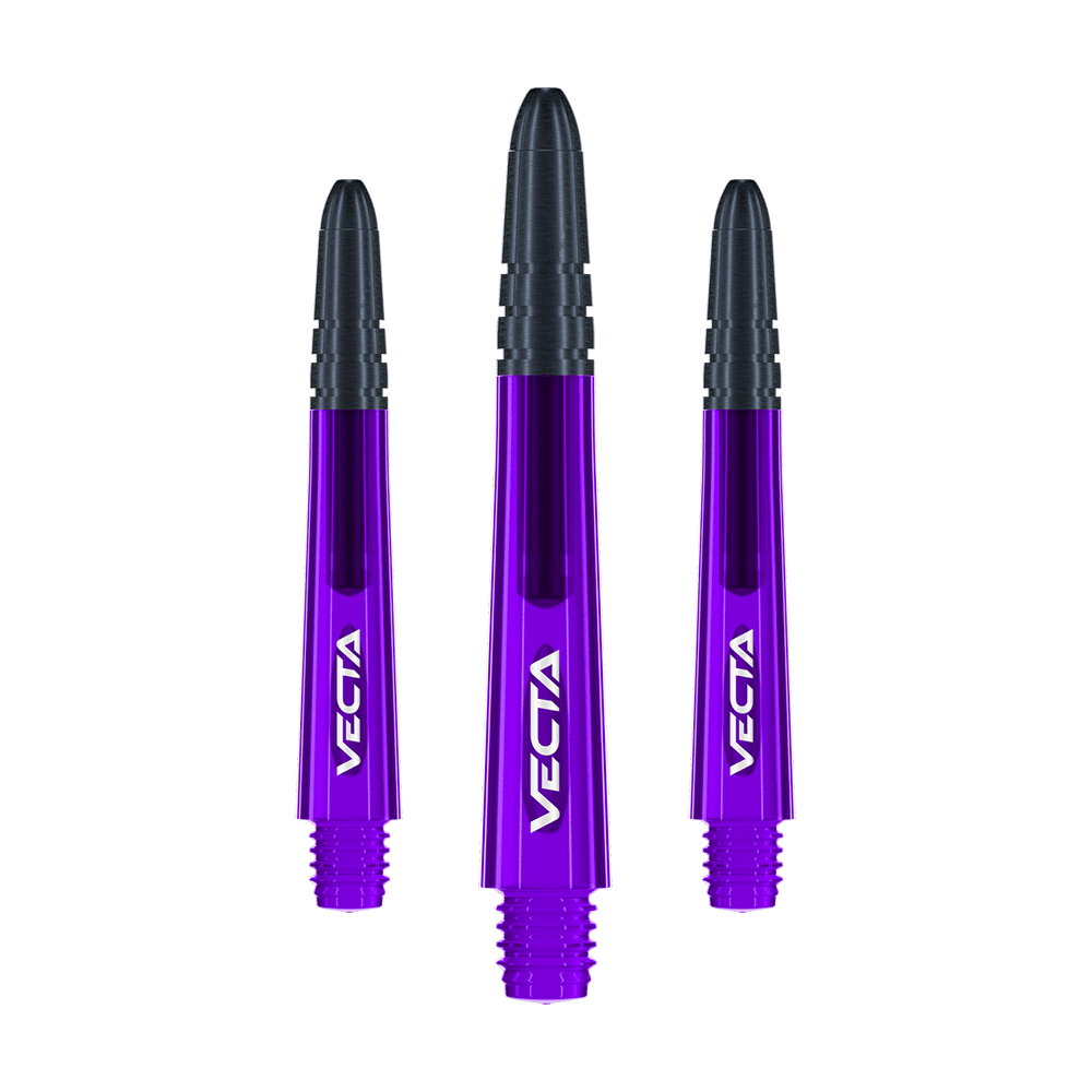 Das Bild zeigt drei violett-schwarze Dartschäfte mit der Aufschrift "VECTA". Sie sind gleich lang und nebeneinander angeordnet.