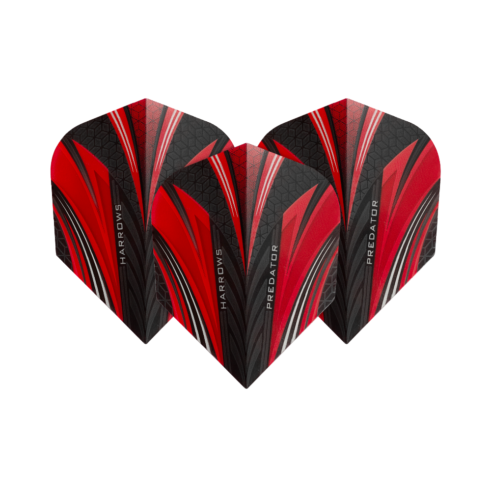 HR7518_Harrows_Prime_Predator_Rot_No2_Standard_Flights_16U3wIPtCBphyV Das Bild zeigt drei Dart-Flights des Modells „Harrows Prime Predator Rot No2 Standard“. Die Flights sind in den Farben Rot, Schwarz und Weiß mit einem modernen Muster gestaltet.