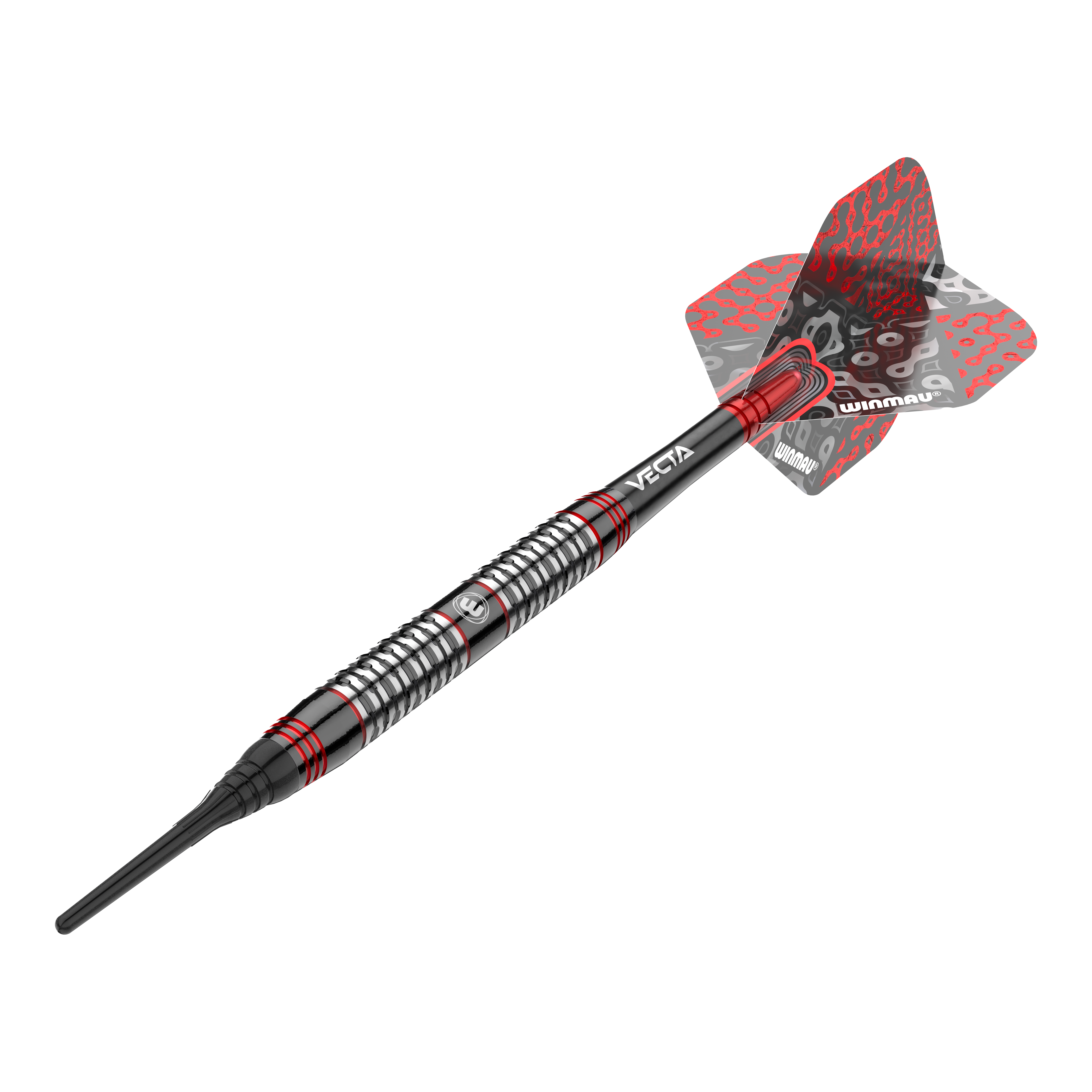 Fléchettes souples Winmau Cypher - 20 g Dies ist ein Winmau Cypher Softdart mit einem Gewicht von 20 Gramm. Der Dart hat ein modernes Design mit schwarzen, silbernen und roten Akzenten.