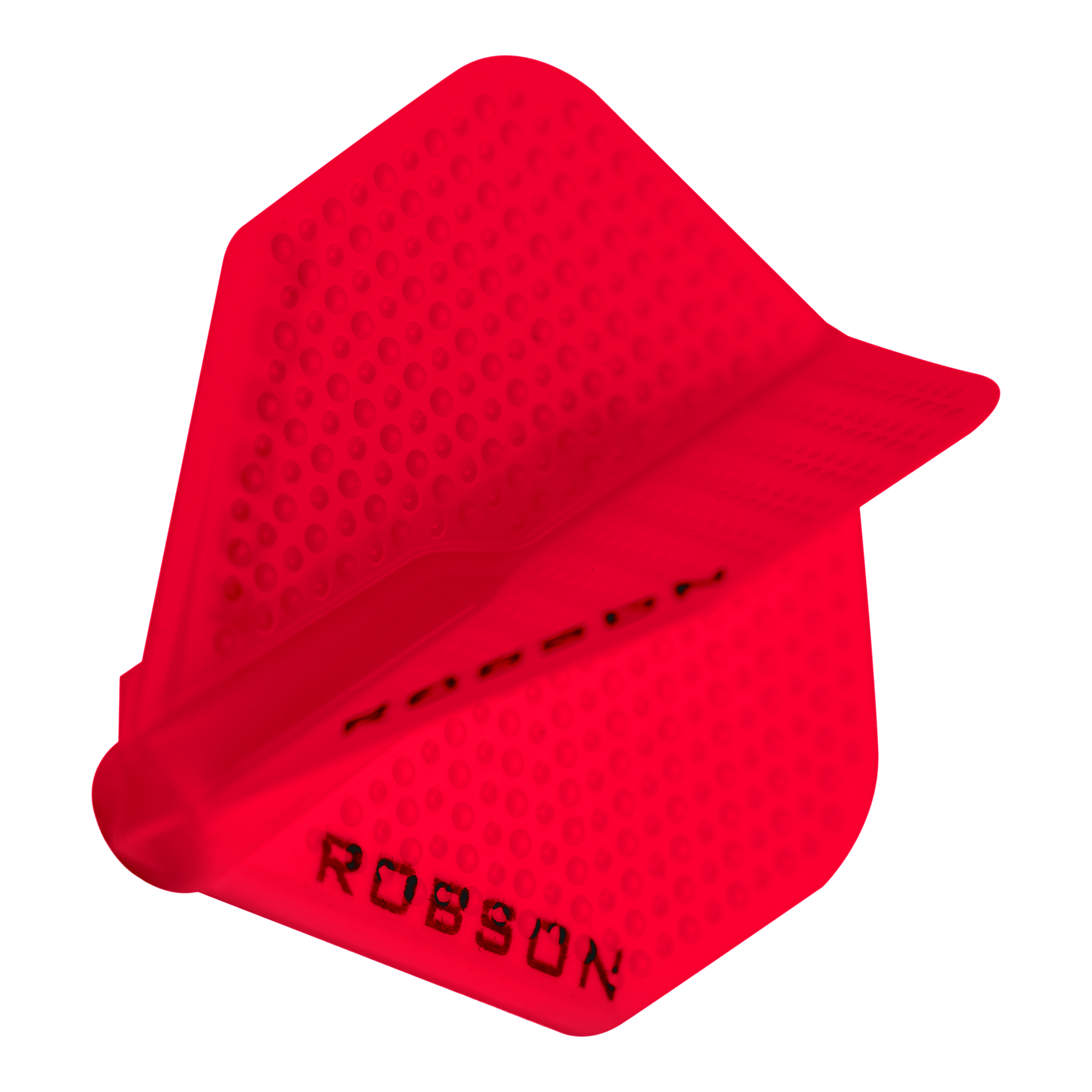 Robson Plus Dimple Flights - Rot Das Bild zeigt ein rotes Dart-Flight mit Dimple-Oberfläche der Marke Robson. Auf dem Flight steht der Schriftzug "ROBSON".