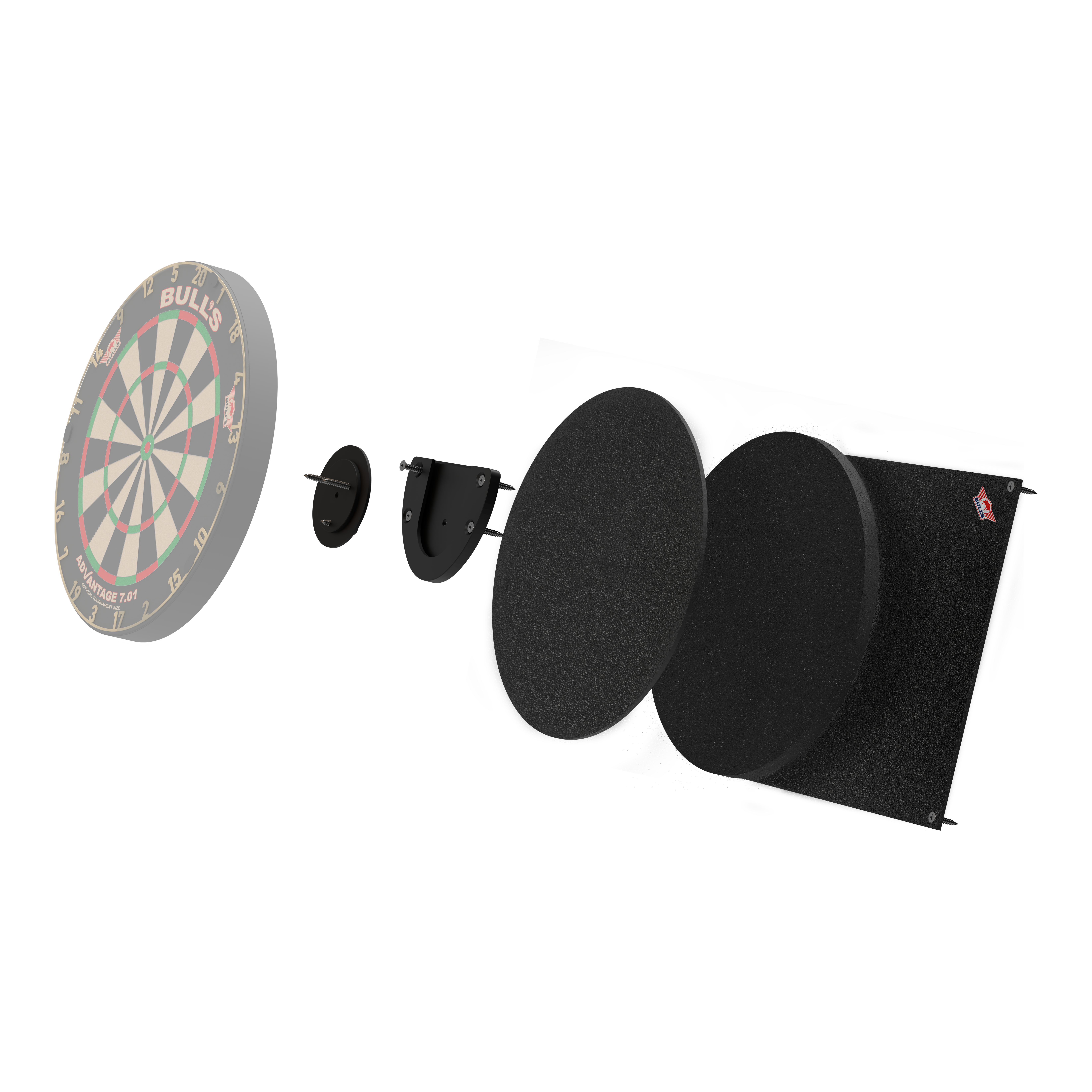 Silencieux de cible de fléchettes Bulls NL Das Bild zeigt das Produkt "Bulls NL Dartboard Silencer" in einer Explosionszeichnung. Die verschiedenen Teile sind einzeln dargestellt, darunter das Dartboard und mehrere schallabsorbierende Schichten.