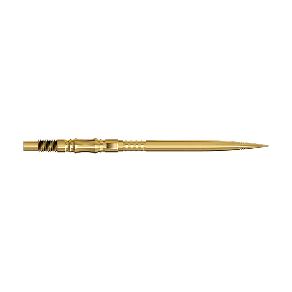 Pointes de fléchettes Harrows Quick Point Axis Elite Series - Or Zwei lange, goldene Dartspitzen werden seitlich gezeigt. Beide Spitzen liegen parallel auf einer hellen Fläche.