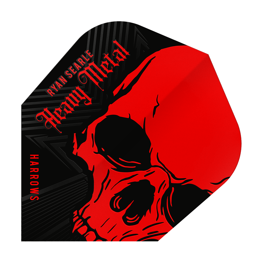 Vols Heavy Metal No6 de Ryan Searle de Harrow Das Bild zeigt ein Dart-Flight mit einem auffälligen roten Totenkopf-Design. Oben steht der Name "Ryan Searle Heavy Metal" und an der Seite ist "Harrows" zu lesen.