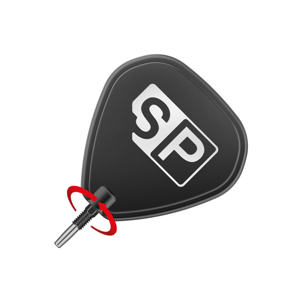 Pointes de fléchettes Target Swiss Diamond Pro Black Points Das Bild zeigt eine schwarze Dartspitze mit dem weißen Aufdruck "SP". Ein roter Pfeil deutet auf eine Drehbewegung hin, vermutlich zum Anbringen oder Entfernen der Spitze.