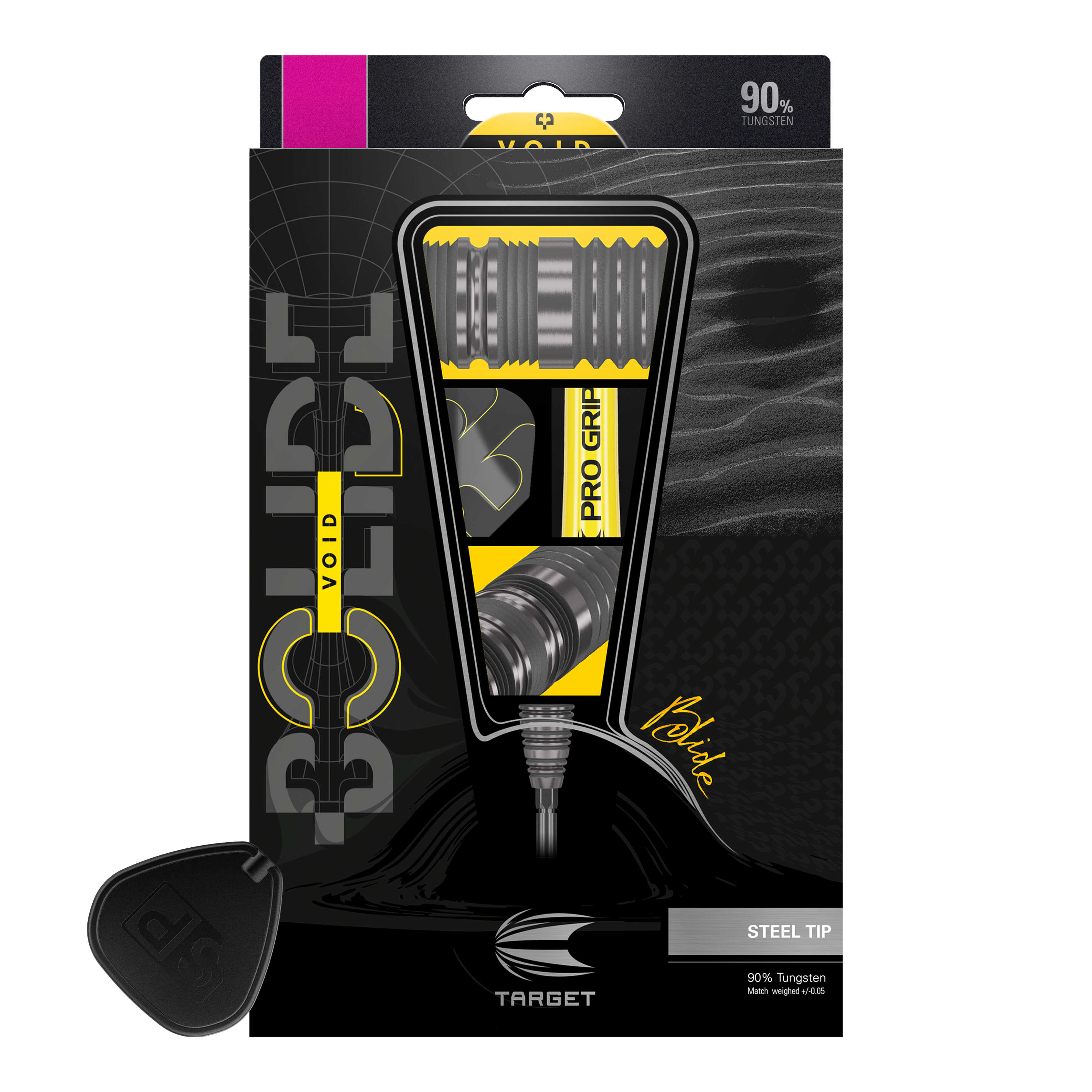 Fléchettes en acier Target Bolide Void 02 Swiss Point Das Bild zeigt die Verpackung der "Target Bolide Void 02 Swiss Point Steeldarts". Die Darts bestehen zu 90% aus Tungsten und haben eine Stahlspitze.