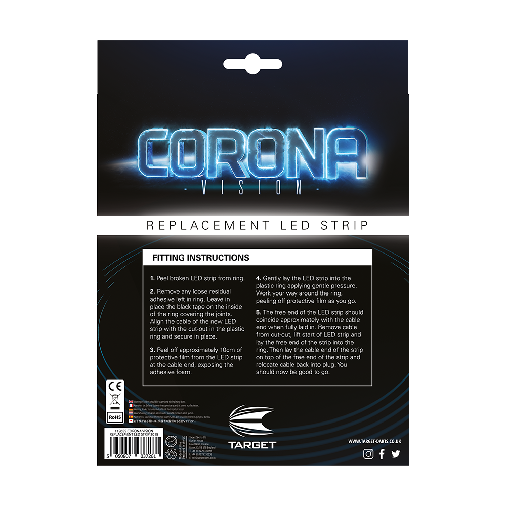 119655_Target-Corona-Ersatzteil-LED-Band-5 Das Bild zeigt die Verpackung des Produkts "Target CORONA Vision Ersatzteil LED-Band". Auf der Rückseite sind die Montageanleitungen für den Austausch des LED-Bandes abgedruckt.