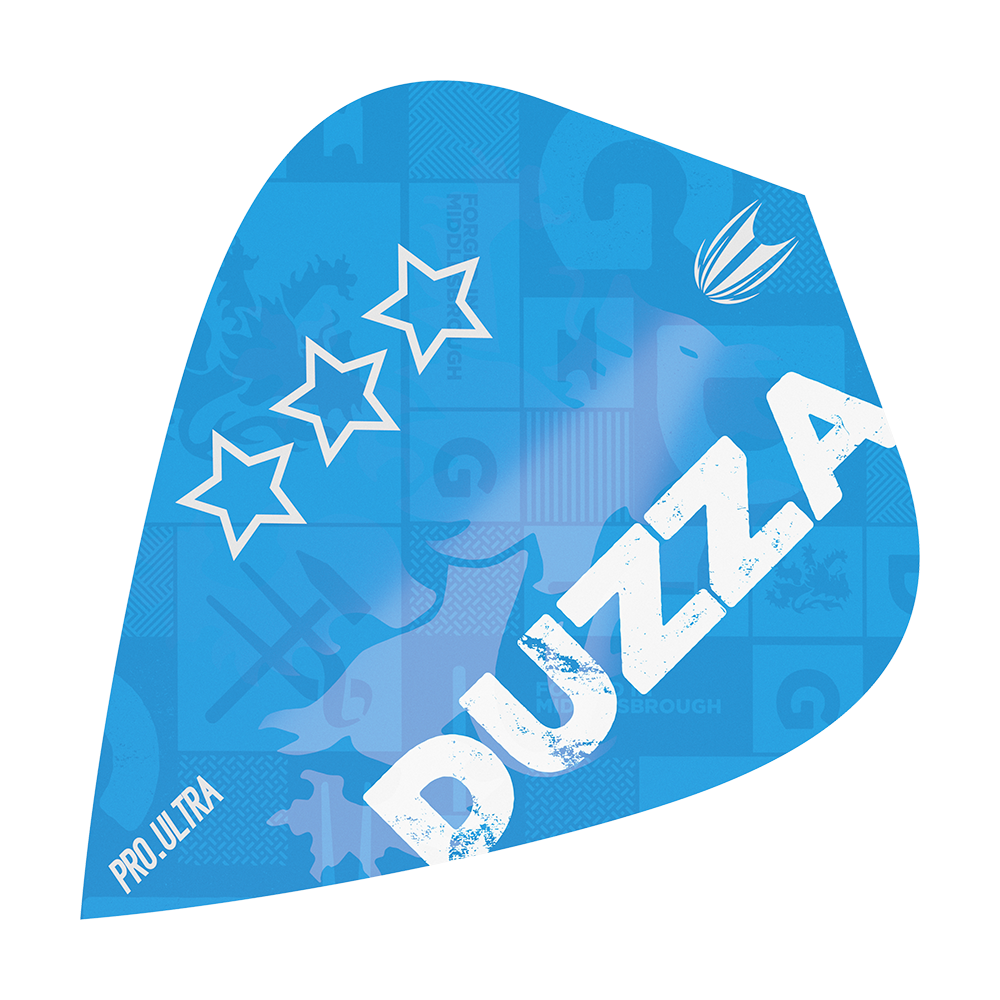 TG8_335680_Target_ProUltra_Glen_Durrant_Kite_Flights_1 Das Bild zeigt ein blaues Dartflight mit dem Aufdruck "DUZZA" in großen weißen Buchstaben. Auf dem Flight sind außerdem drei weiße Sterne und das Logo "PRO ULTRA" zu sehen.