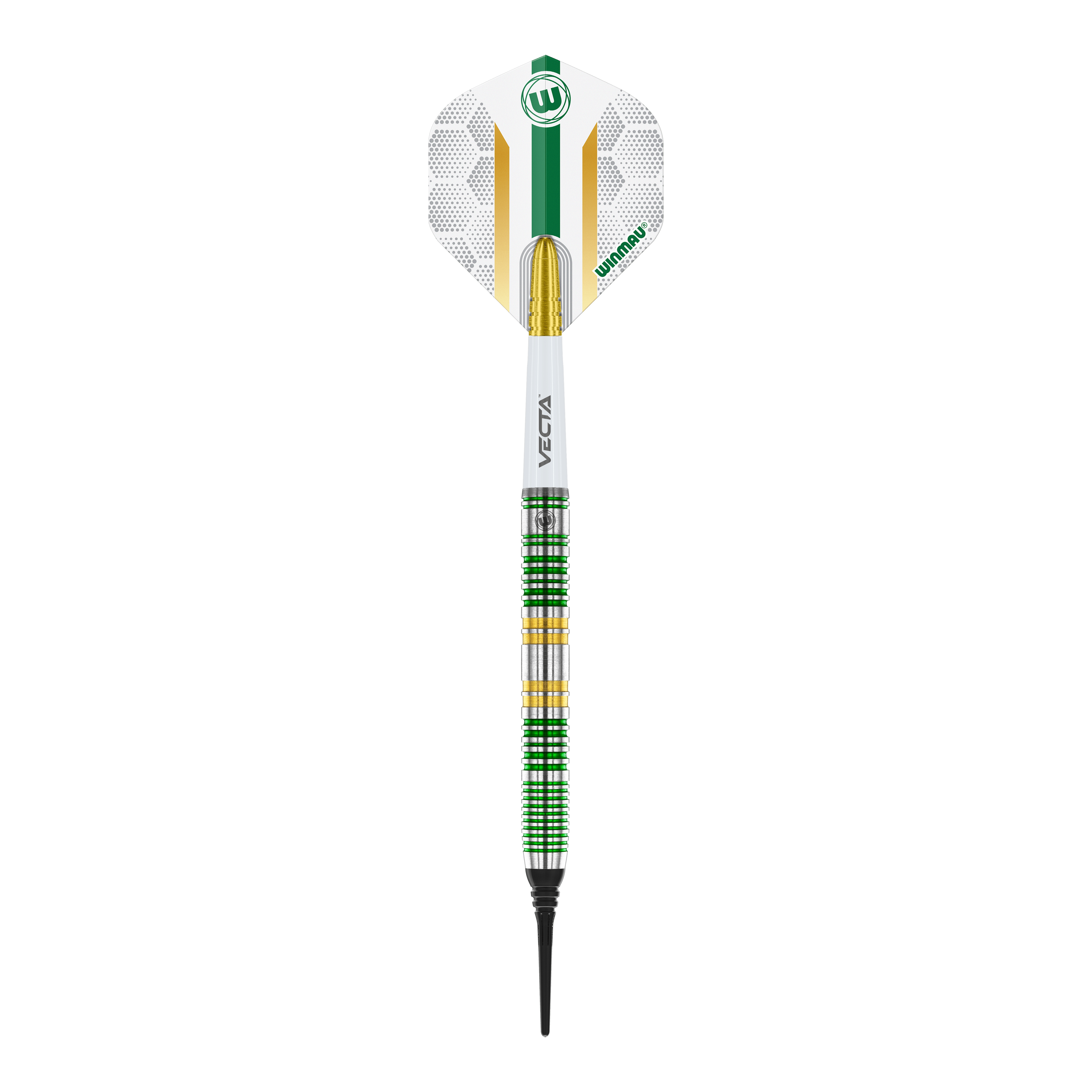 Fléchettes souples Winmau Xenon - 20 g Dies ist ein Winmau Xenon Softdart mit einem Gewicht von 20 Gramm. Der Dart hat ein modernes Design mit grünen, weißen und goldenen Akzenten.