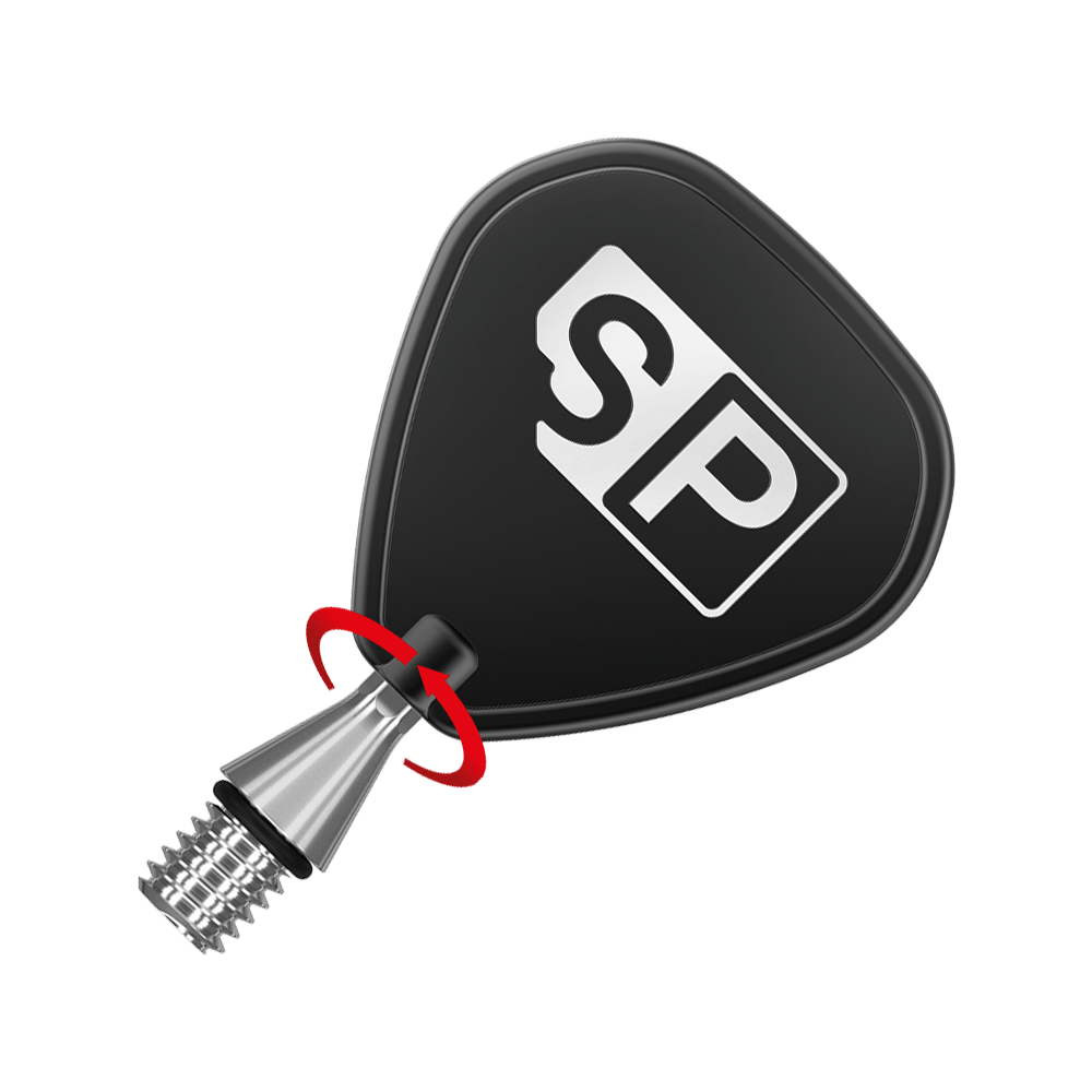 380168_Target_Titanium_Swiss_Point_Nano_Conversion_Points_Silber_3 Das Bild zeigt eine silberne Titan-Spitze mit einem schwarzen Aufsatz, auf dem die Buchstaben "SP" stehen. Ein roter Pfeil deutet auf eine Drehbewegung am Übergang zwischen Spitze und Aufsatz hin.