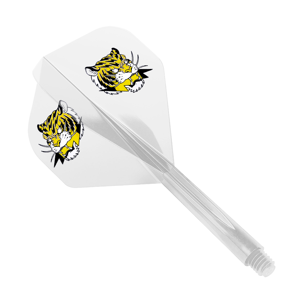 Condor AX Inazuma Tiger Mix Flight System Jaune Clair - Standard Das Bild zeigt das Produkt "Condor AXE Inazuma Tiger Mix Flight-System Yellow Clear - Standard". Auf dem weißen Flight sind zwei gelbe Tigerköpfe abgebildet.