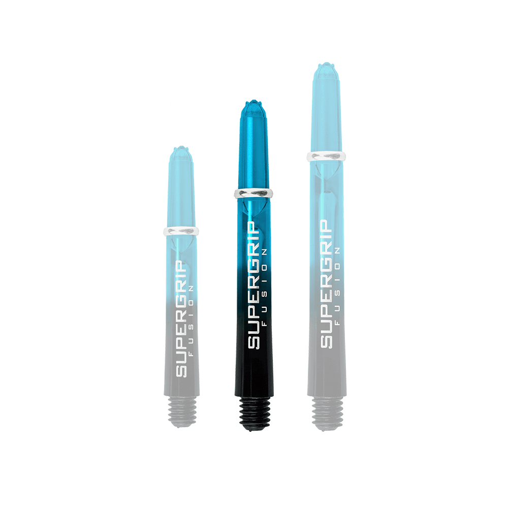HR346_Harrows_Supergrip_Fusion_Shafts_Aqua_40mm_1G9zq1ZOJ46kl9 Das Bild zeigt drei Harrows Supergrip Fusion Shafts in der Farbe Aqua. Die Shafts sind halb transparent blau und schwarz und haben den Aufdruck "SUPERGRIP FUSION".