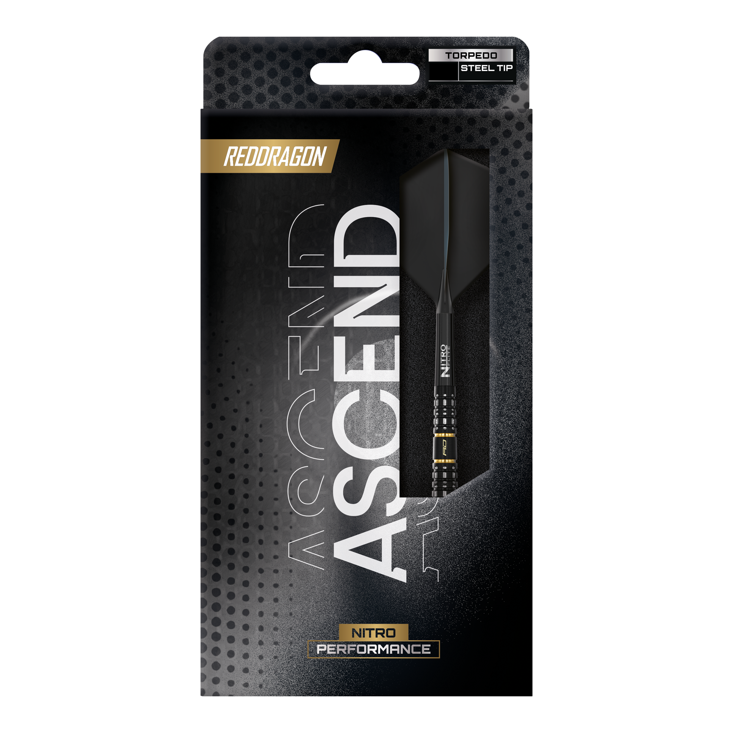 Fléchettes en acier Red Dragon Ascend Torpedo Dargestellt sind die Red Dragon Ascend Torpedo Steeldarts. Das Bild fokussiert auf die Form und Struktur der Darts.