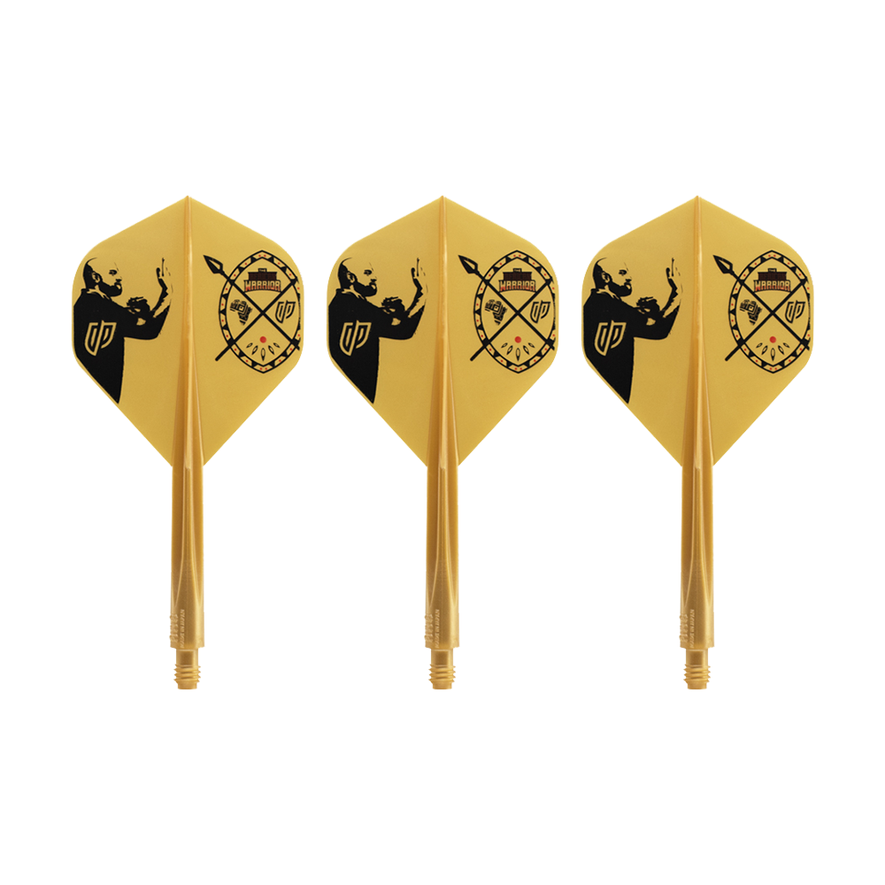 Système de vol Condor AX Devon Petersen Inspiration - Standard Auf dem Bild sind drei gelbe Dart-Flights mit schwarzem Motiv zu sehen. Sie tragen das Design des Condor AXE Devon Petersen Inspiration Flight-Systems in Standardform.