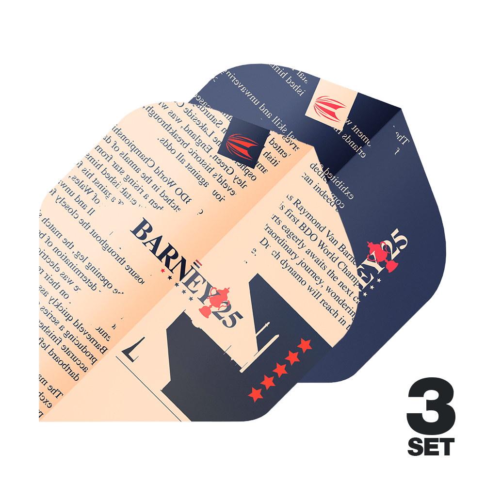 Target ProUltra Raymond Van Barneveld Barney25 Vols Standard Das Bild zeigt die Target ProUltra Raymond Van Barneveld Barney25 Standard Flights in einem auffälligen Design. In der rechten unteren Ecke steht "3 SET", was darauf hinweist, dass drei Sätze enthalten sind.