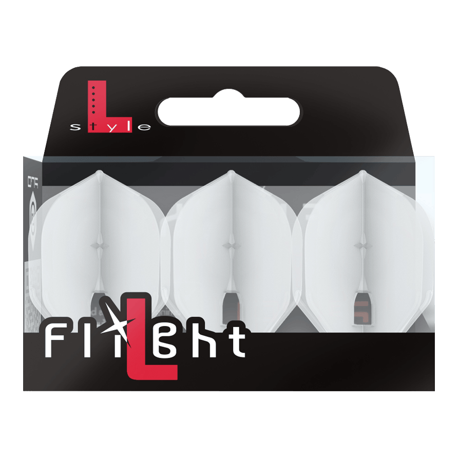 Die Verpackung enthält drei transparente Dart-Flights der Marke L-Style. Auf der Packung steht groß „Flight“ und oben links ist das L-Style-Logo zu sehen.