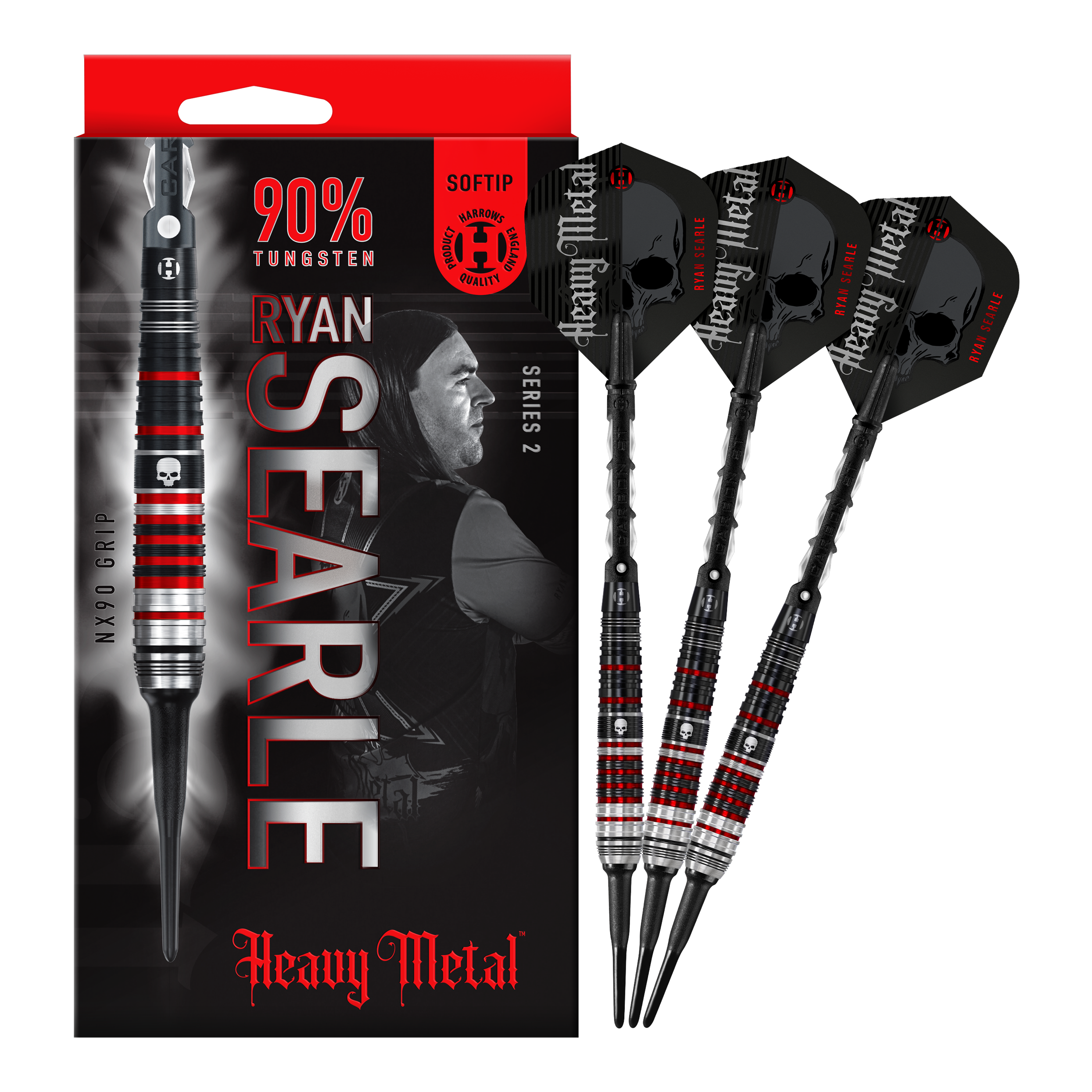 Fléchettes souples Ryan Searle Heavy Metal Series 2 de Harrow Das Bild zeigt die "Harrows Ryan Searle Heavy Metal Series 2 Softdarts" mit einer Verpackung und drei Darts. Die Darts bestehen zu 90 % aus Wolfram und haben ein schwarzes und rotes Design mit Totenkopf-Motiv.