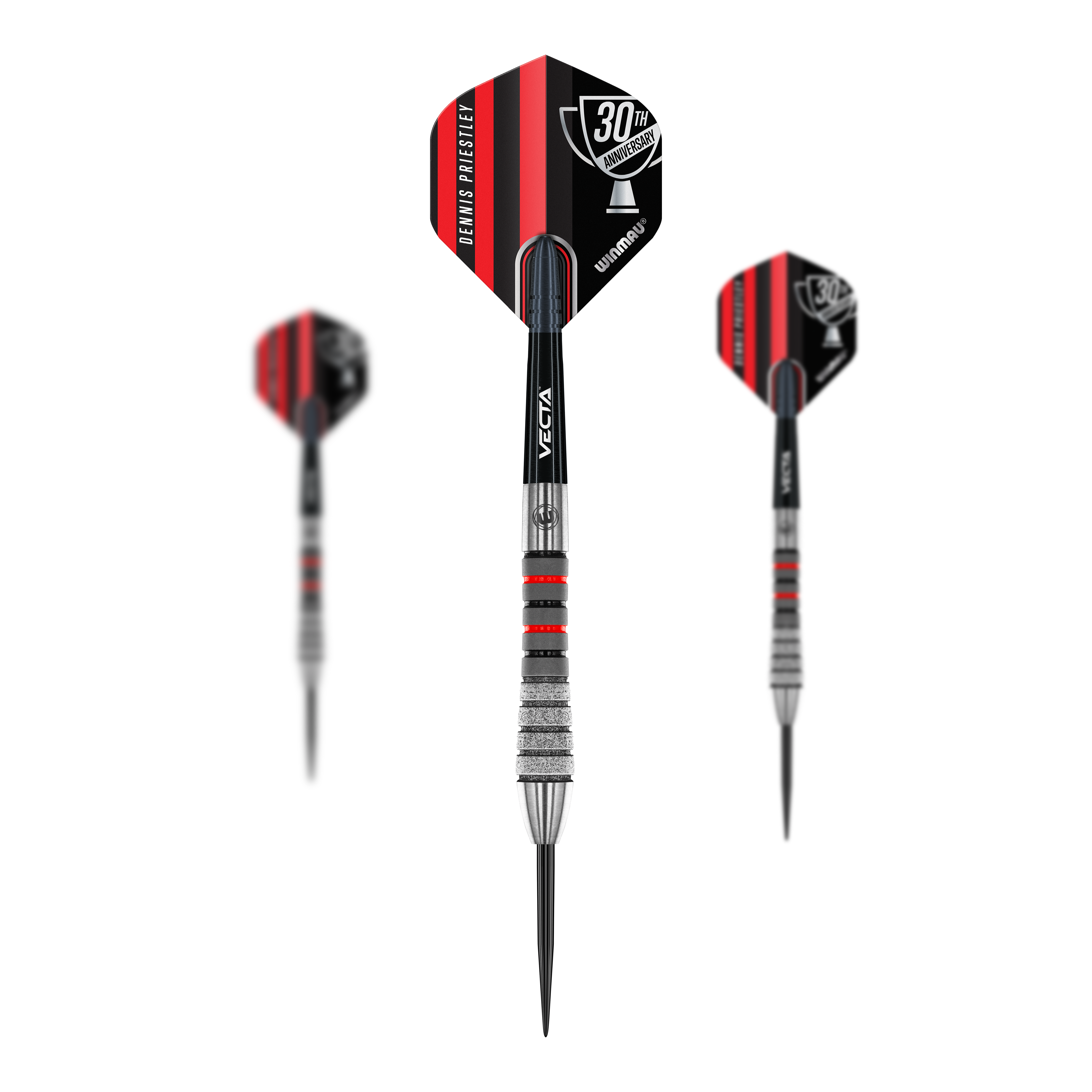Fléchettes en acier Winmau Dennis Priestley Diamond 3-Zero Das Bild zeigt drei Winmau Dennis Priestley Diamond 3-Zero Steeldarts. Die Darts haben schwarze und rote Flights mit silbernen und roten Akzenten am Schaft.