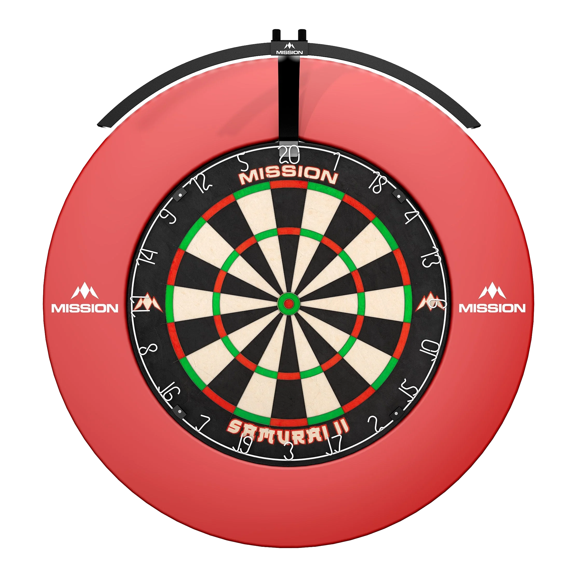 Éclairage LED pliable pour cible de fléchettes Mission Torus 100 Das Bild zeigt ein rundes, beleuchtetes LED-Dartboard mit der Aufschrift "Mission Torus 100" und "Samurai II" in der Mitte. Das Dartboard ist von einem roten Schutzring mit dem Mission-Logo umgeben.