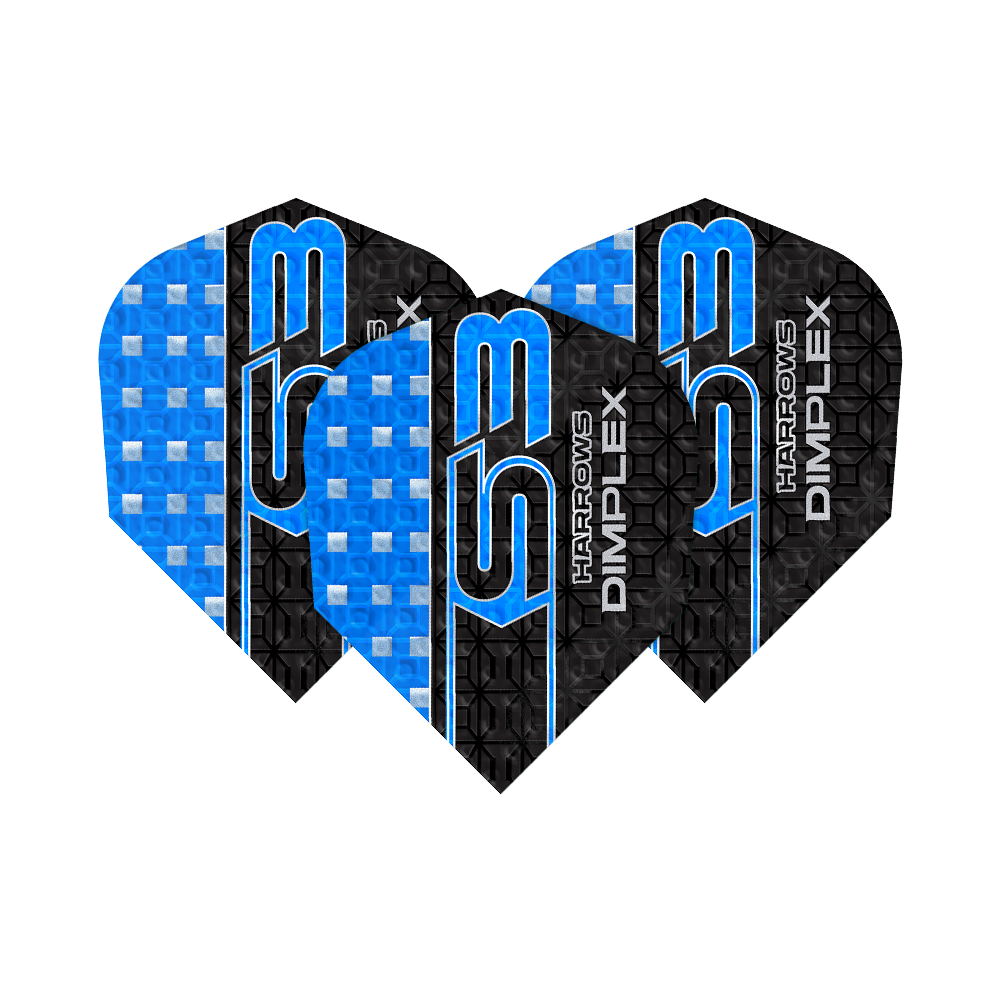 Volets Harrows Dimplex S3 - Bleu Das Bild zeigt drei blaue Harrows Dimplex S3 Flights für Darts. Die Flights haben ein auffälliges Design mit blauen und schwarzen Mustern sowie der Aufschrift "S3" und "Dimplex".