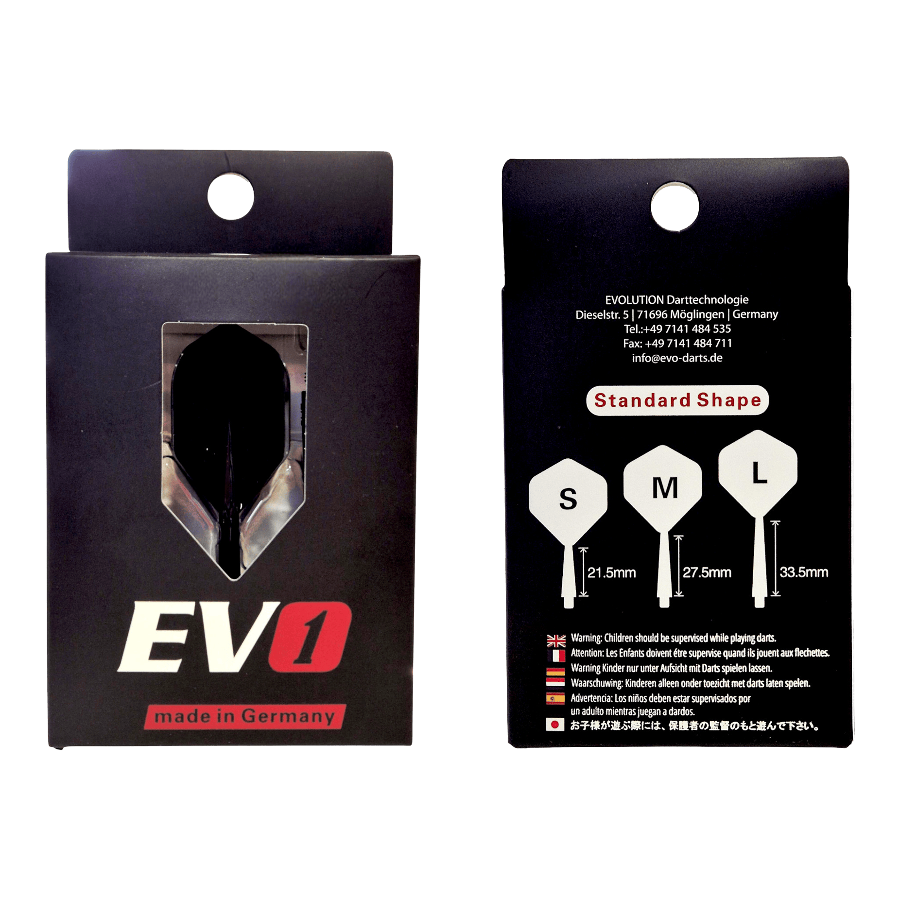 Evolution EVO1 Flight-Shaft-System in Schwarz ist dargestellt. Das Produkt ist für den Einsatz im Dartsport geeignet.