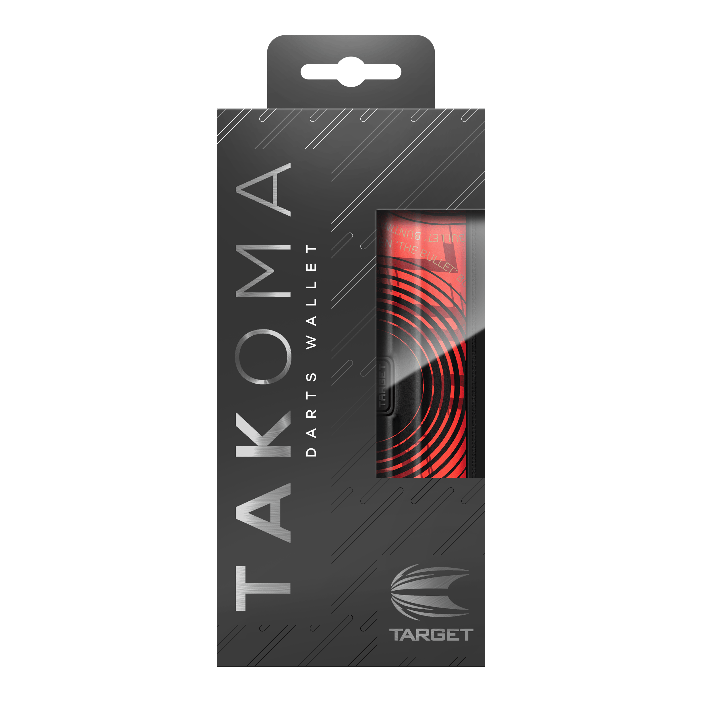 Étui à fléchettes Target Takoma Stephen Bunting Die Abbildung zeigt die Verpackung des Produktes „Target Takoma Stephen Bunting Dartcase“. Das Etui ist rot-schwarz gestaltet und befindet sich in einer eleganten, schwarzen Box mit Sichtfenster.