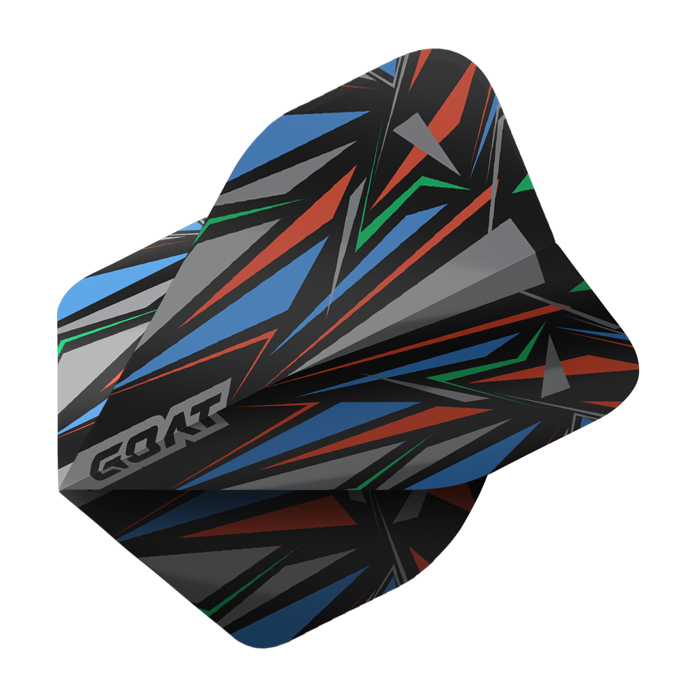 GOAT Athlete Black No2 Vols Standard Das Bild zeigt das Produkt "GOAT Athlete Black No2 Standard Flights". Das Flight hat ein auffälliges, geometrisches Muster in Schwarz, Blau, Rot, Grün und Grau.