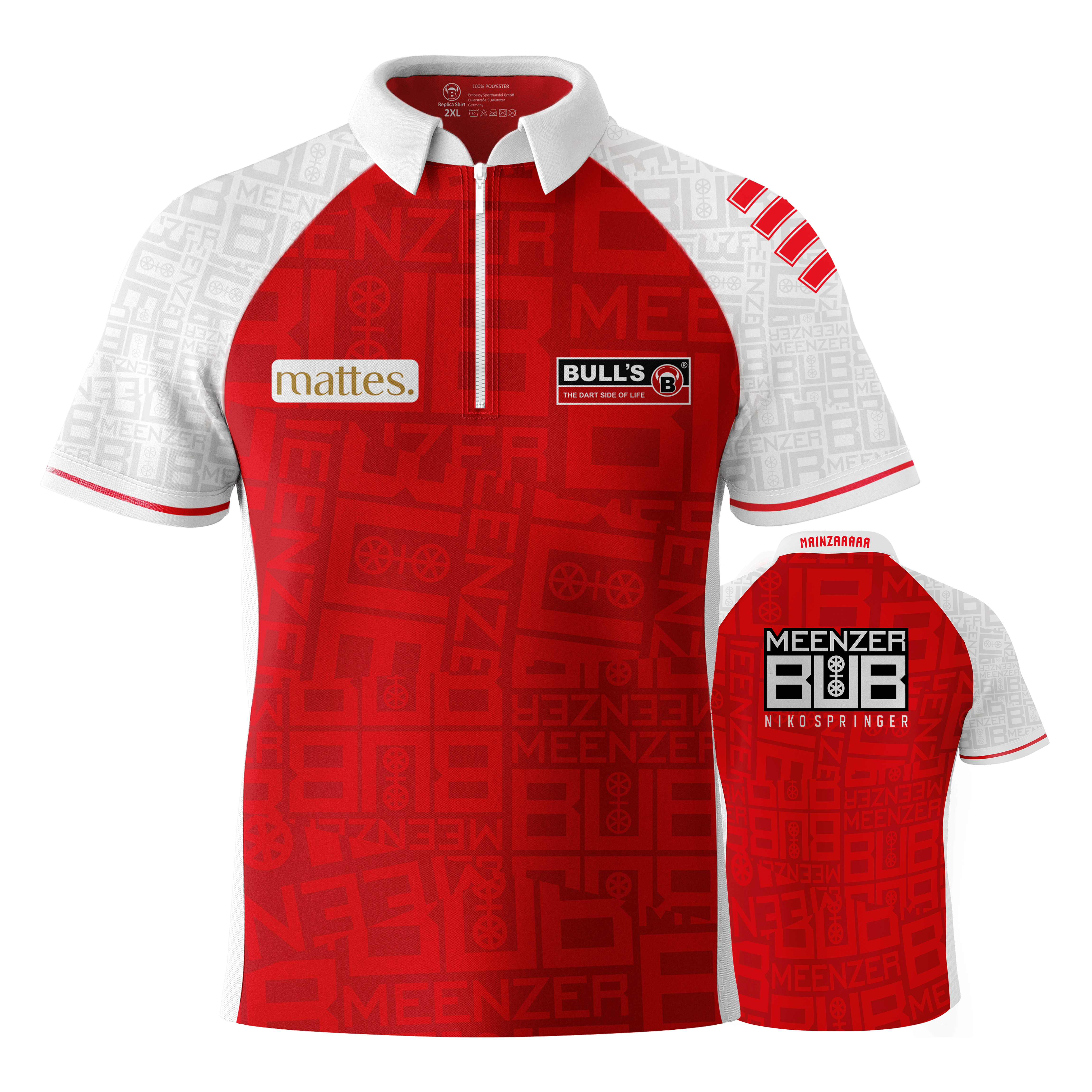 T-shirt Bulls Niko Springer Meenzer Bub Das Bild zeigt das Dartshirt "Bulls Niko Springer Meenzer Bub" in Rot und Weiß. Auf der Vorder- und Rückseite sind verschiedene Logos und Schriftzüge abgebildet.