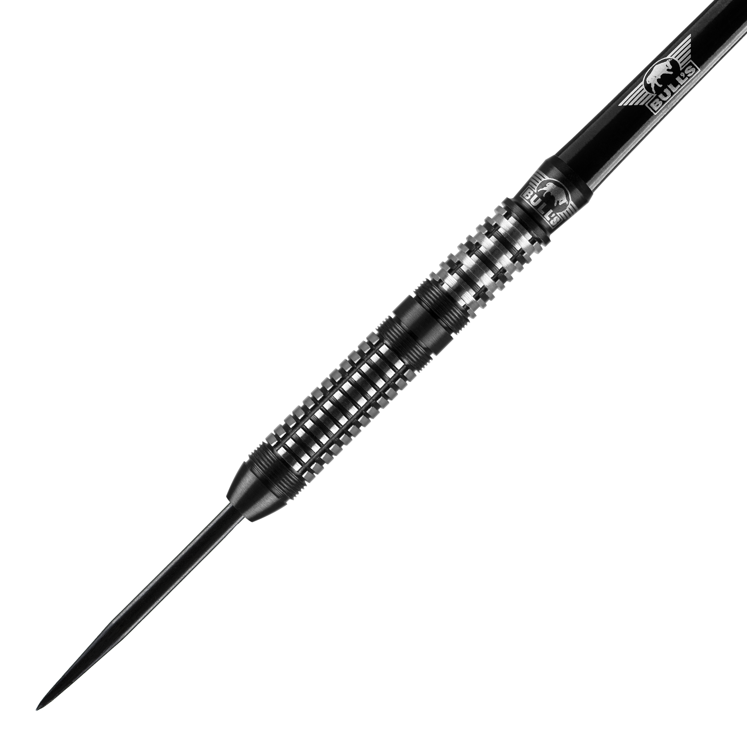 Fléchettes en acier Bulls NL Luna Neoma Das Bild zeigt einen Bulls NL Luna Neoma Steeldart. Der Dartpfeil ist schwarz-silbern und hat ein feines, geriffeltes Griffdesign.