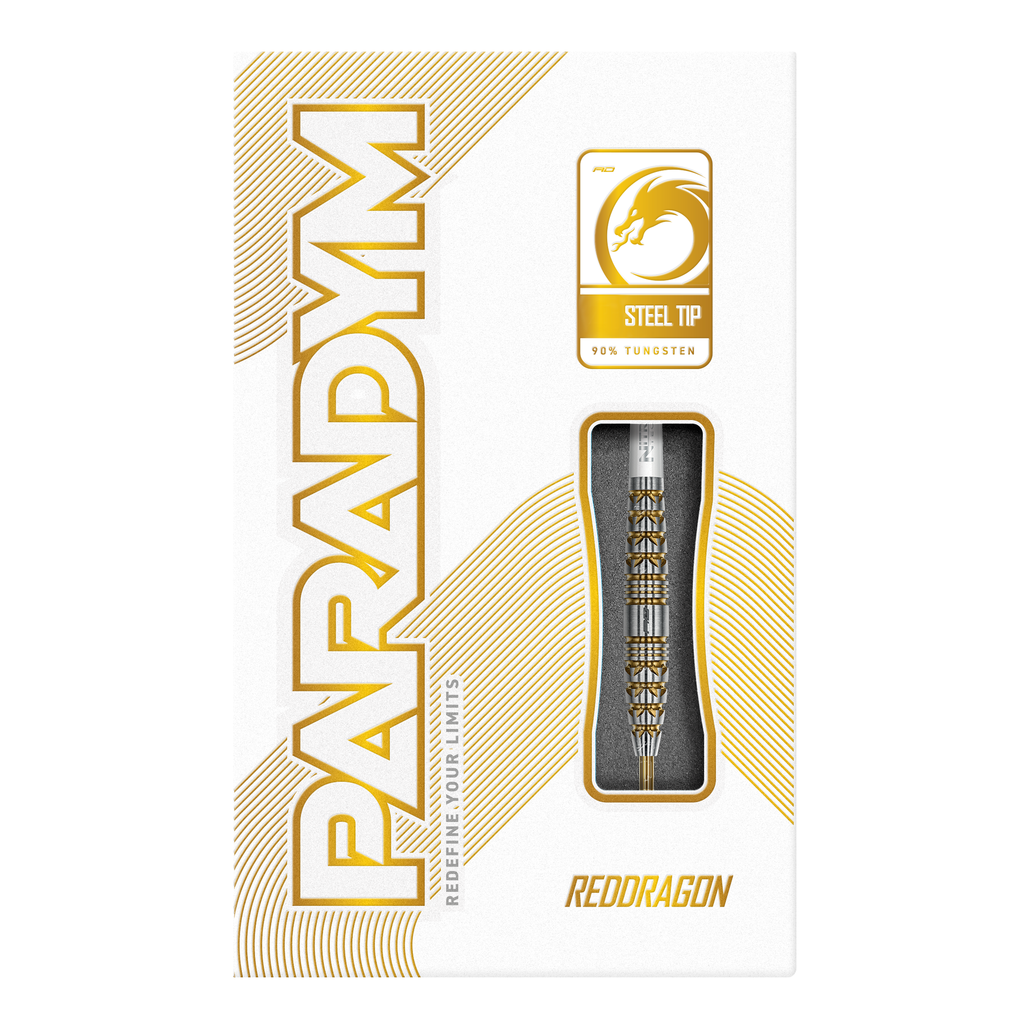 Abgebildet ist das Produkt Red Dragon Paradym Gold Torpedo Steeldarts. Es handelt sich um hochwertige Steeldarts mit goldfarbenem Design.