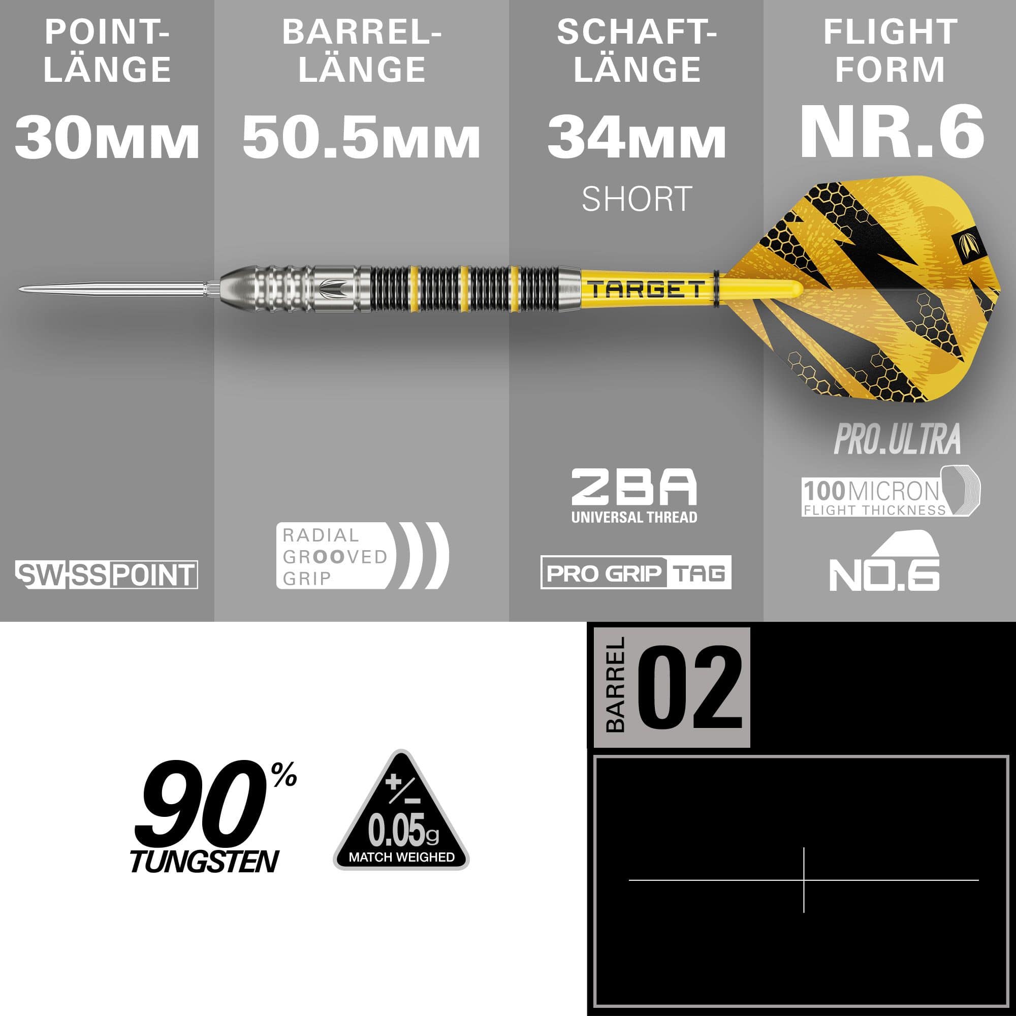Fléchettes en acier Target Buzz 02 Swiss Points Hier sieht man die Target Buzz 02 Swiss Points Steeldarts. Die Darts sind deutlich und im Detail abgebildet.