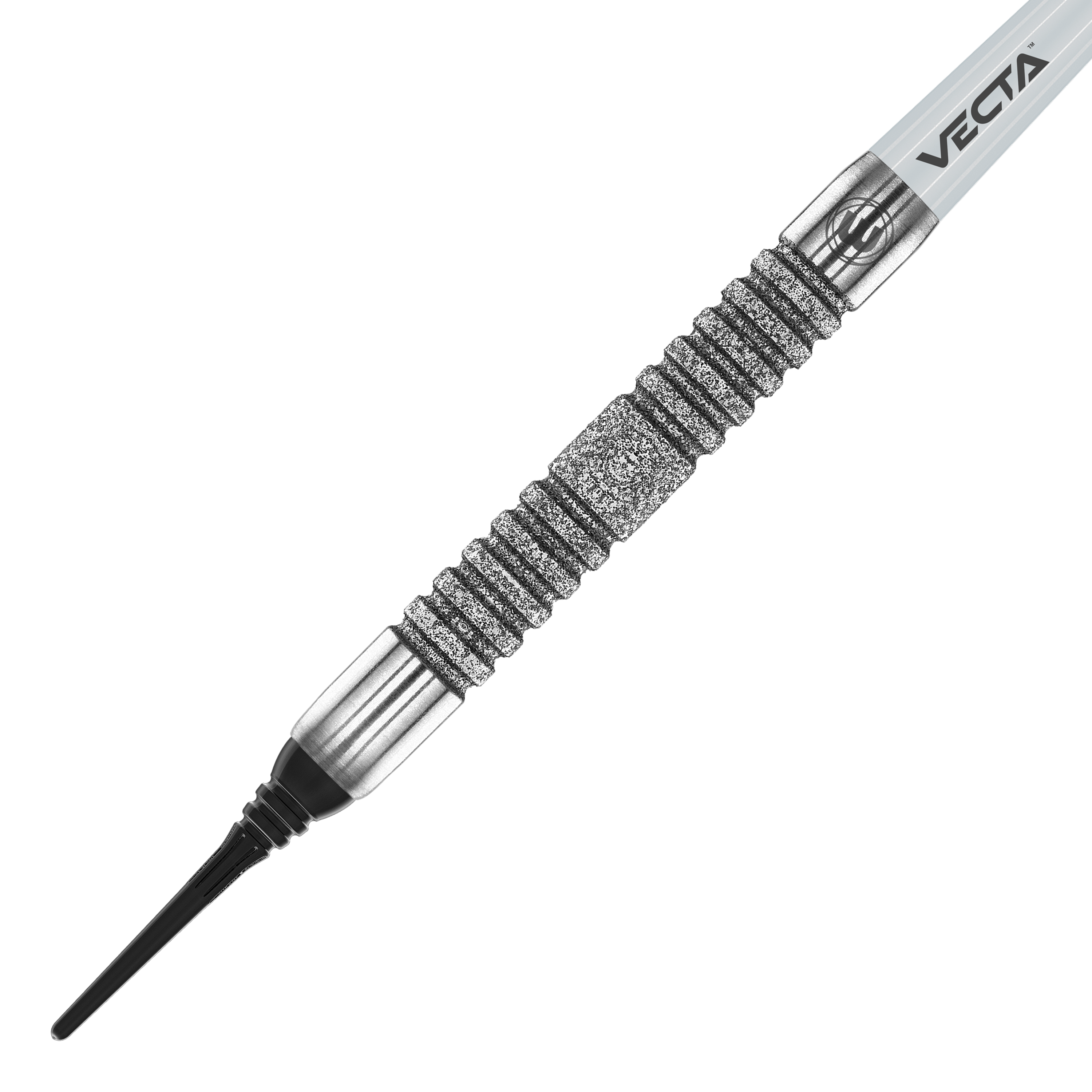 Fléchettes souples Winmau Jules Van Dongen - 20g Das Bild zeigt den Winmau Jules Van Dongen Softdart mit einem Gewicht von 20g. Der Dart hat ein silbernes, geriffeltes Griffstück und eine schwarze Spitze.