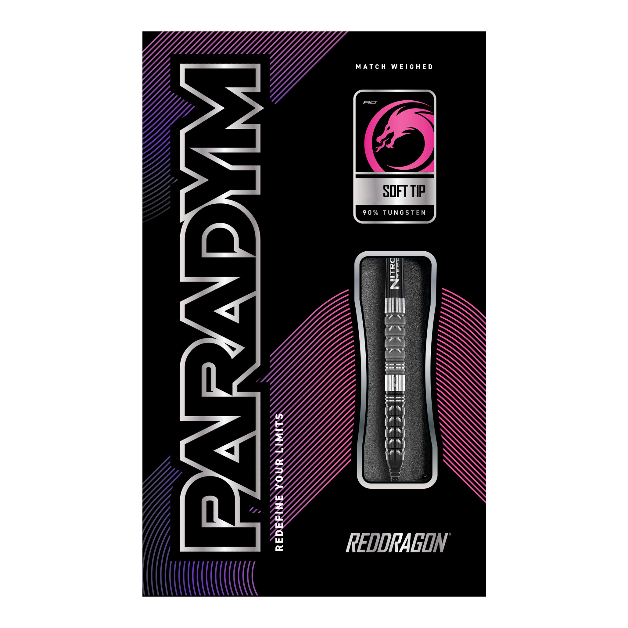 Fléchettes souples coniques Red Dragon Paradym - 20 g Das Bild zeigt die Verpackung der "Red Dragon Paradym Tapered Softdarts - 20g". Die Verpackung ist schwarz mit auffälligen pinken und silbernen Akzenten und zeigt den Dartpfeil und das Red Dragon Logo.