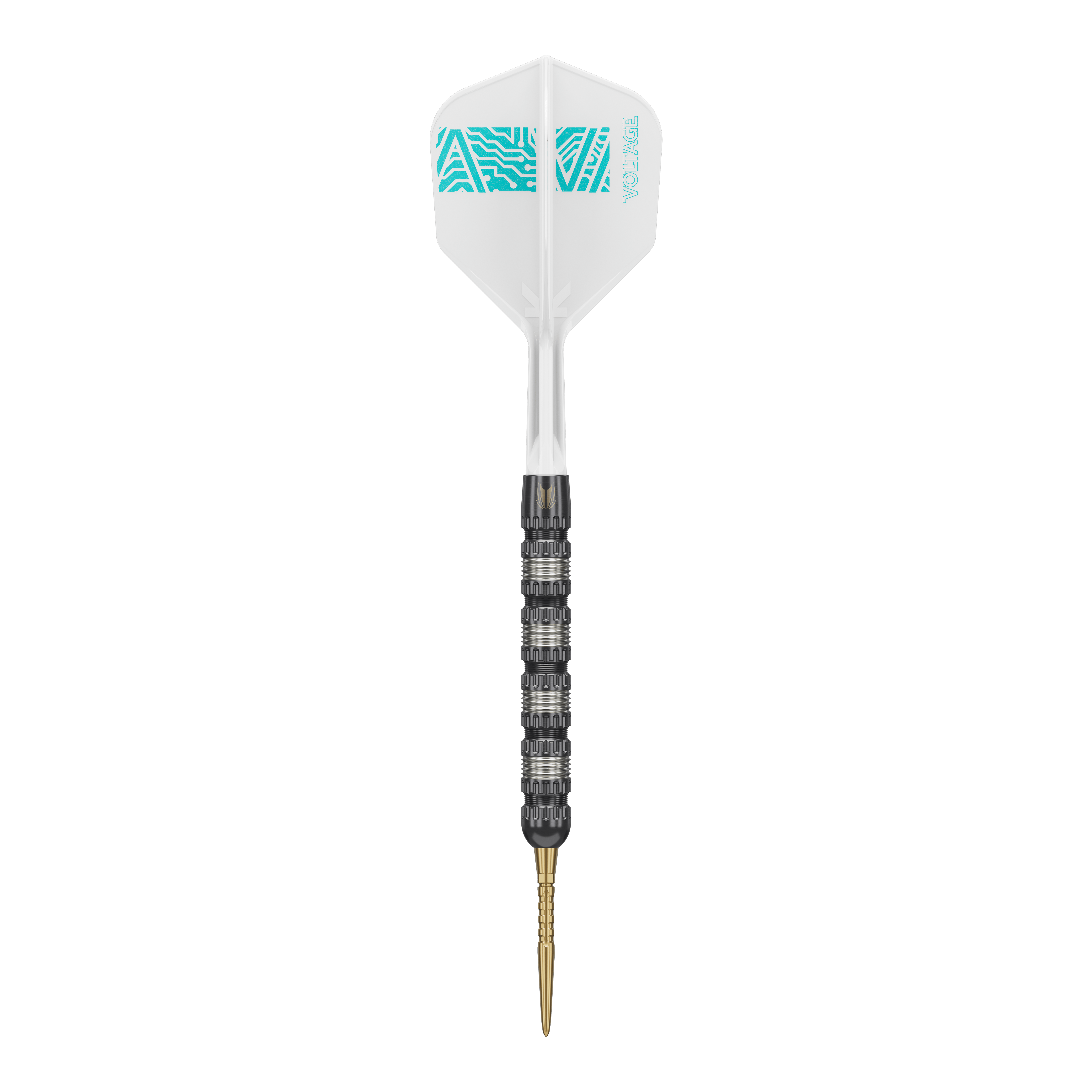 Fléchettes en acier Target Rob Cross 95K Swiss Point Das Bild zeigt einen Target Rob Cross 95K Swiss Point Steeldart. Der Dart hat eine weiße Flügel mit blauen Mustern und einen schwarzen, strukturierten Schaft mit einer goldenen Spitze.