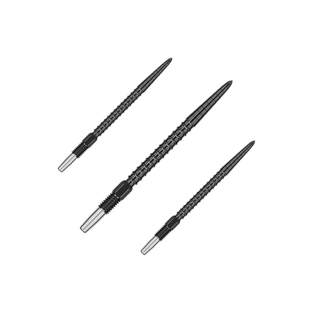 Pointes de fléchettes Target Swiss Point Chrono - Noires Das Bild zeigt drei schwarze Dartspitzen mit einem strukturierten Muster. Sie sind spitz zulaufend und haben ein silbernes Endstück.