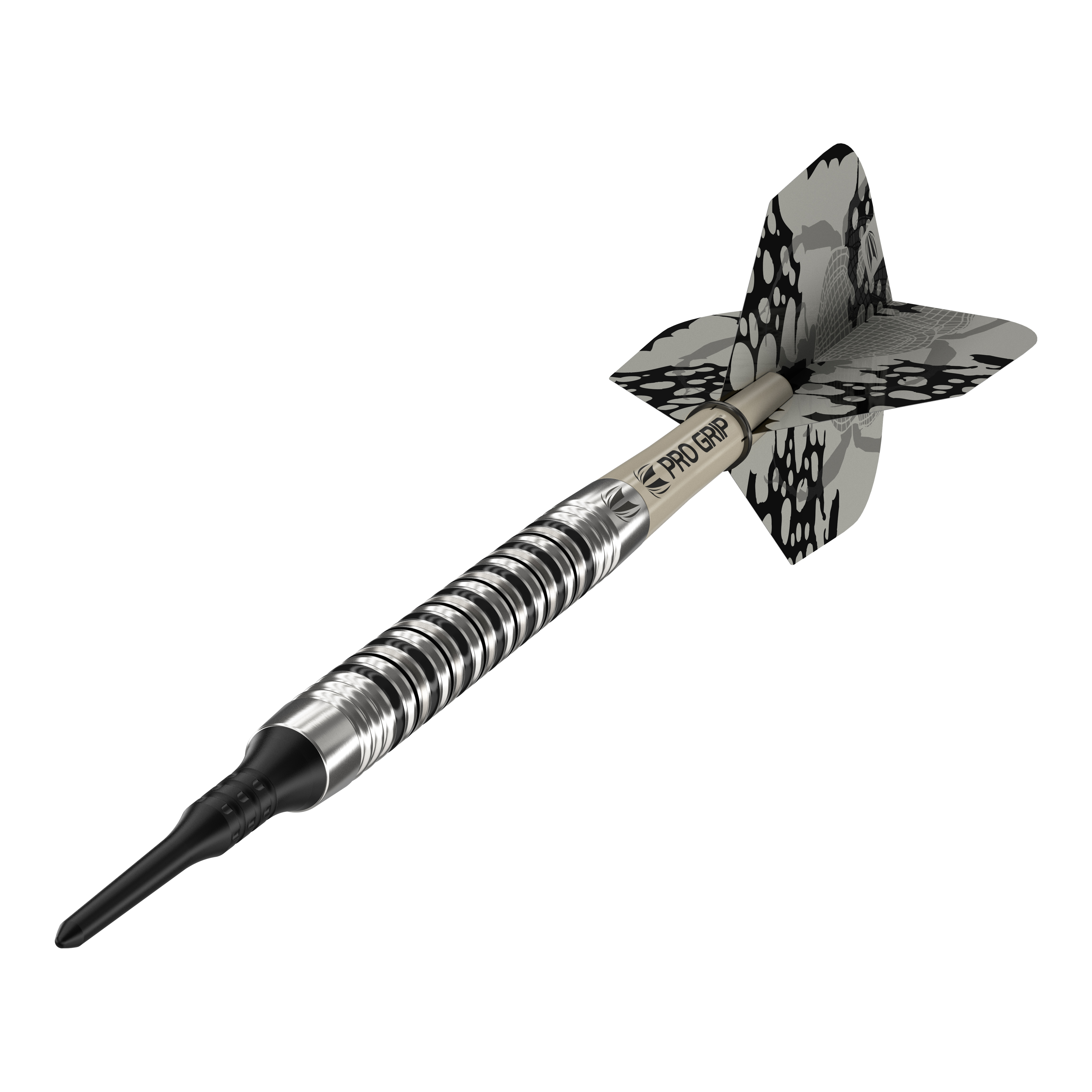 Fléchettes souples Target EXO 11 Das Bild zeigt den Softdart "Target EXO 11". Er hat ein silber-schwarzes Design mit einem gemusterten Flight und einem Pro Grip Schaft.
